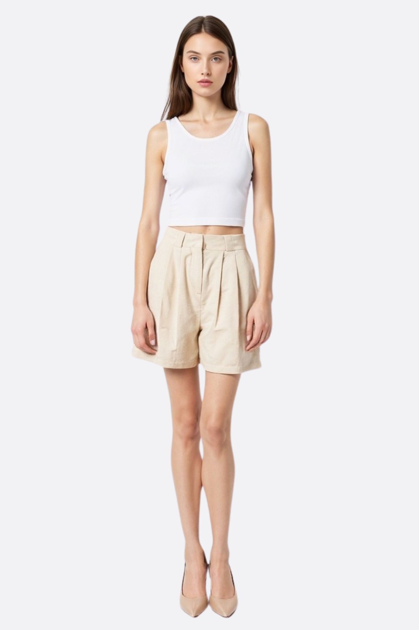 Short beige taille haute en tencel et lin - MISCIANO