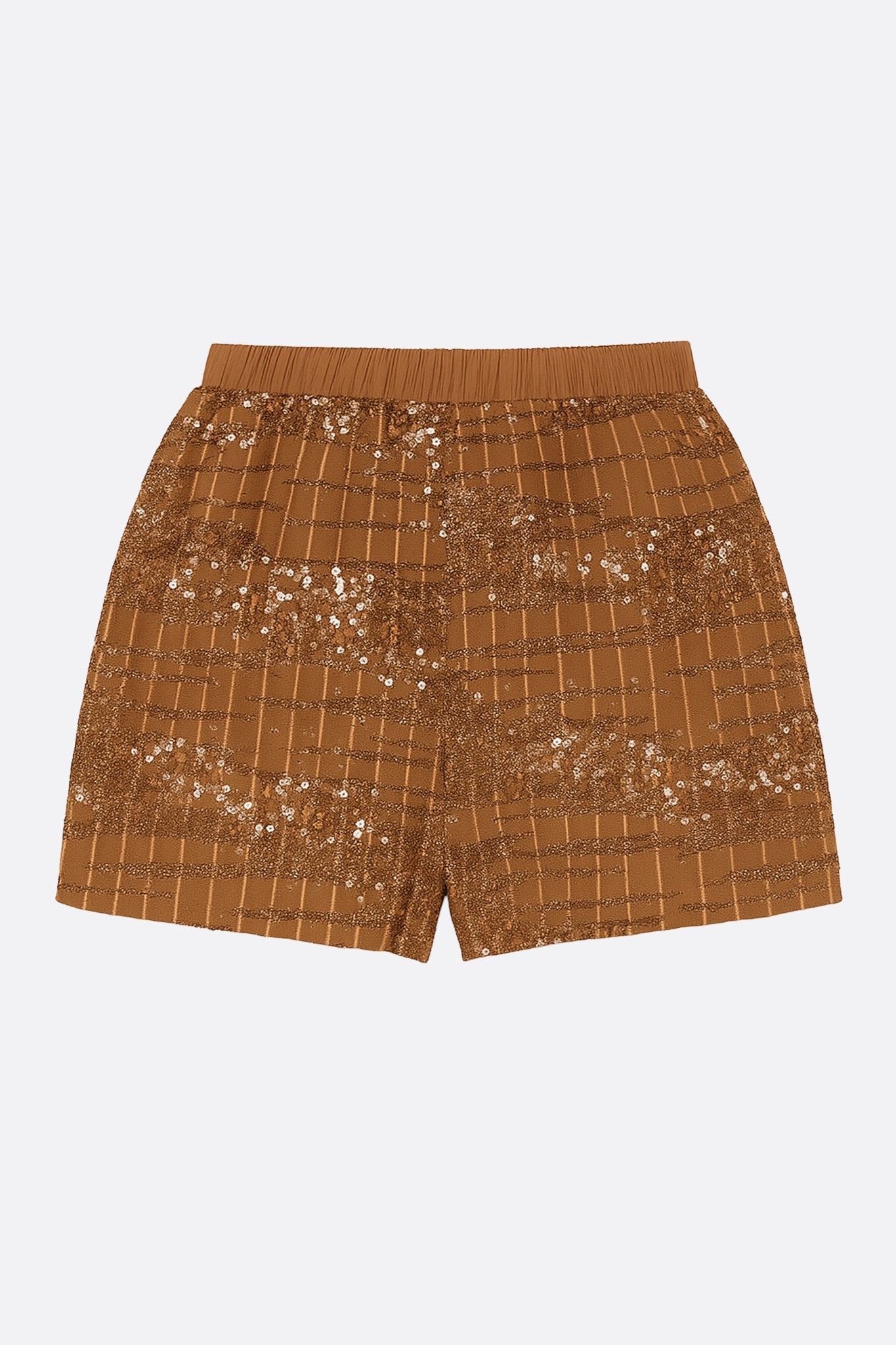 
Short camel délicatement brodé de sequins bronze, parfait pour rehausser un ensemble chic lors d'une sortie estivale.



