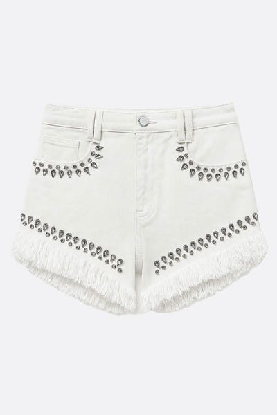 
Short en denim blanc orné de franges et de strass, parfait pour des tenues d'été chic et élégantes.



