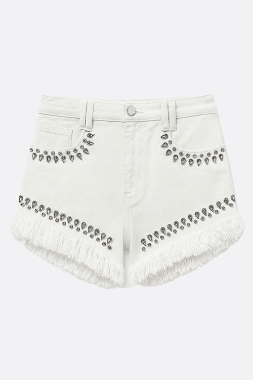 
Short en denim blanc orné de franges et de strass, parfait pour des tenues d'été chic et élégantes.



