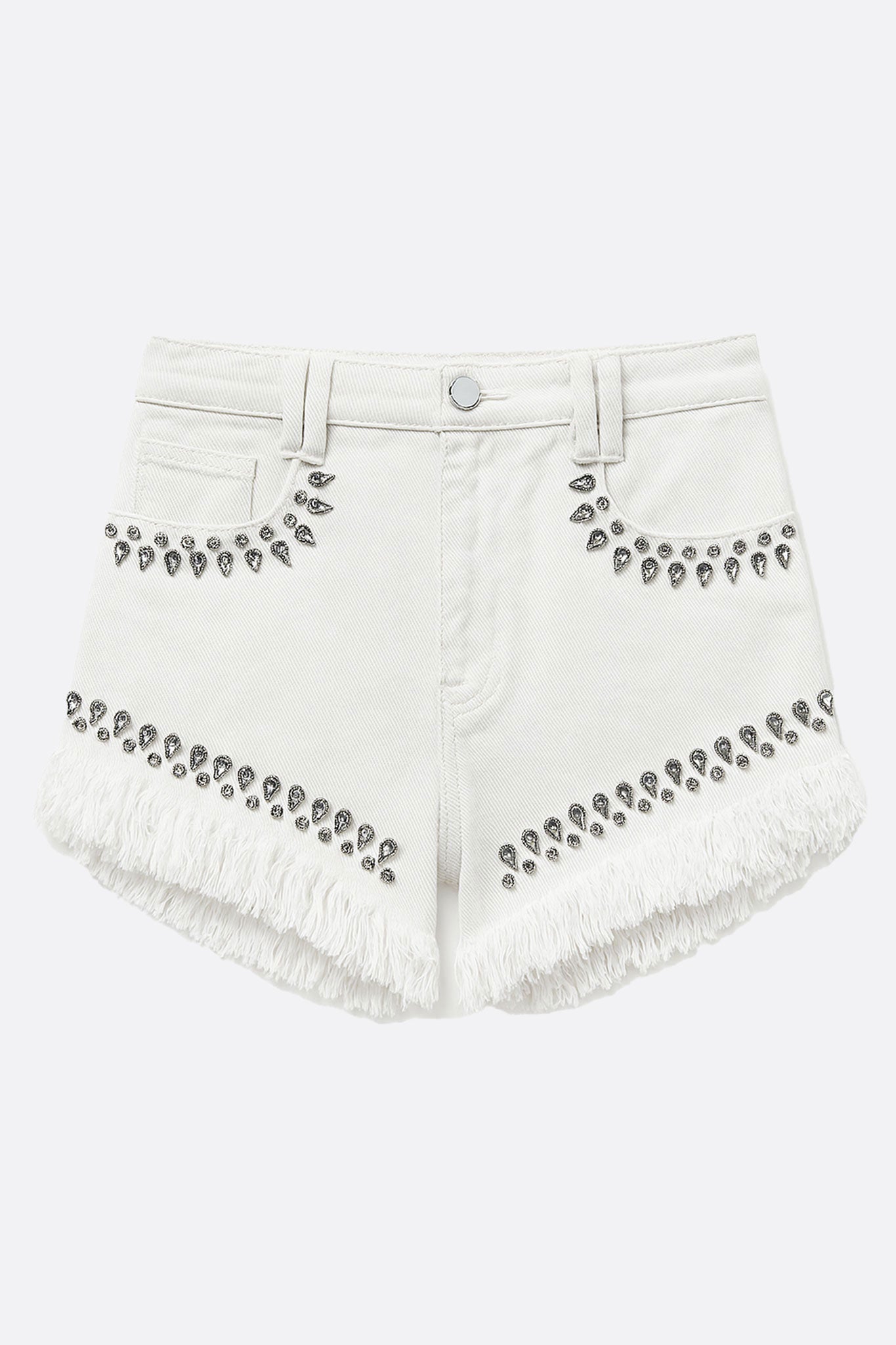 Short en denim blanc à franges et strass scintillants - MISCIANO