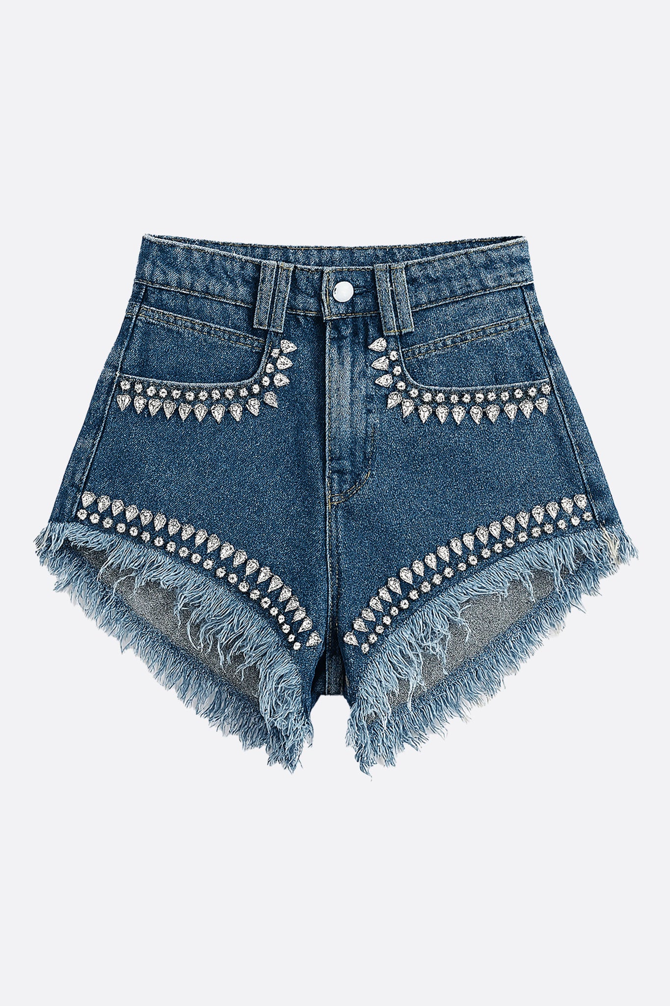 Short en denim bleu à franges et strass scintillants - MISCIANO