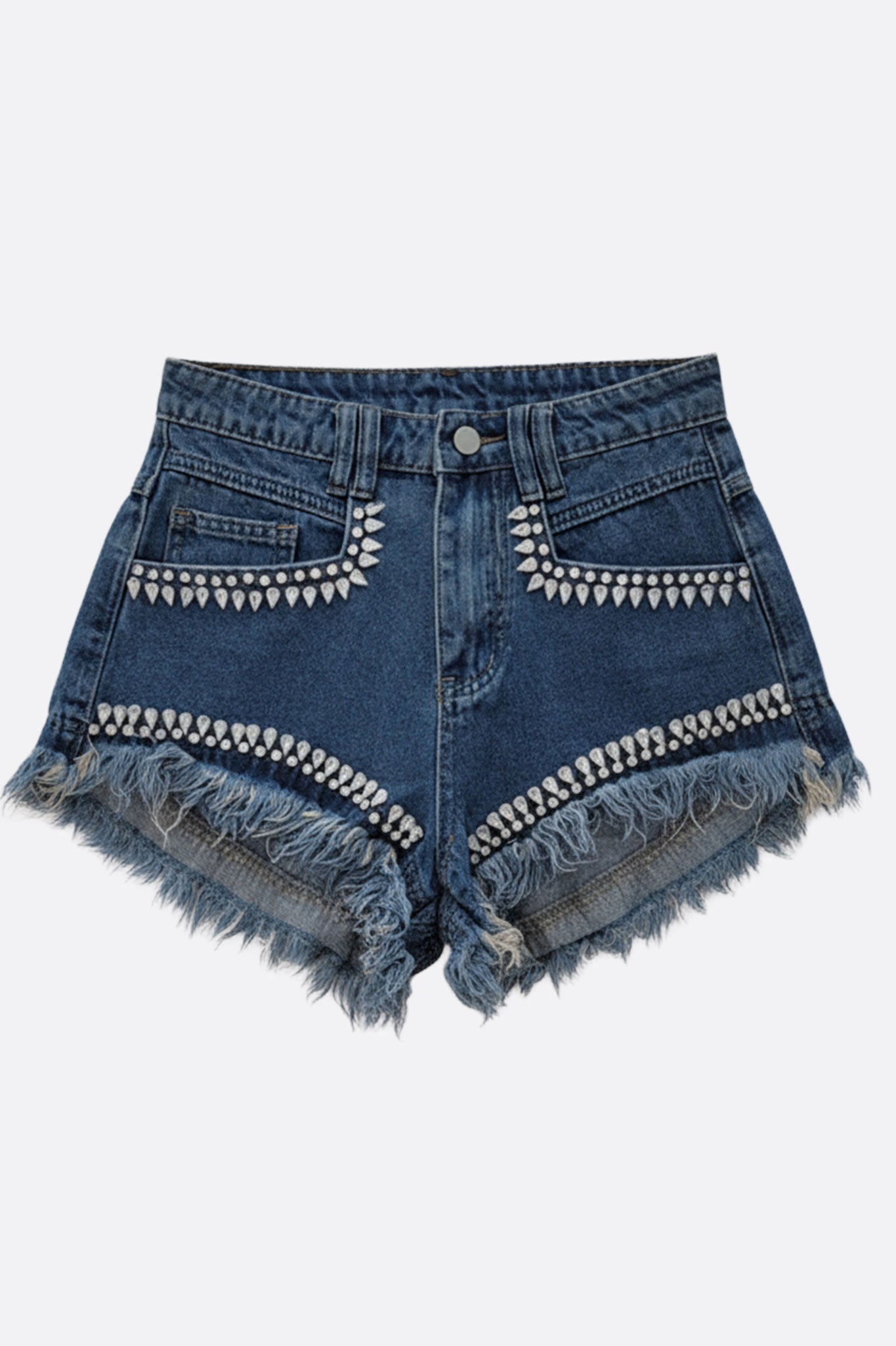 Short en denim bleu orné de franges et strass, chic et moderne, parfait pour des soirées élégantes ou des sorties...
