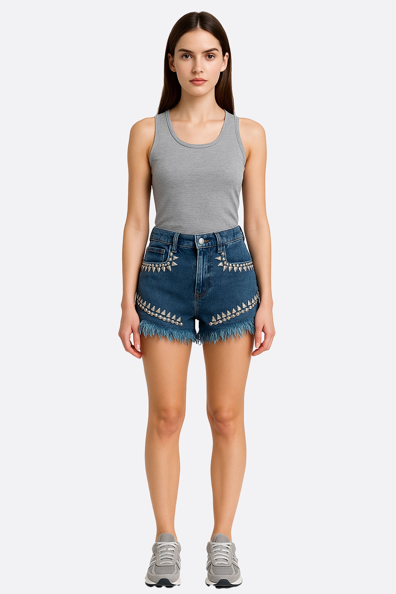 Short en denim bleu à franges et strass scintillants - MISCIANO