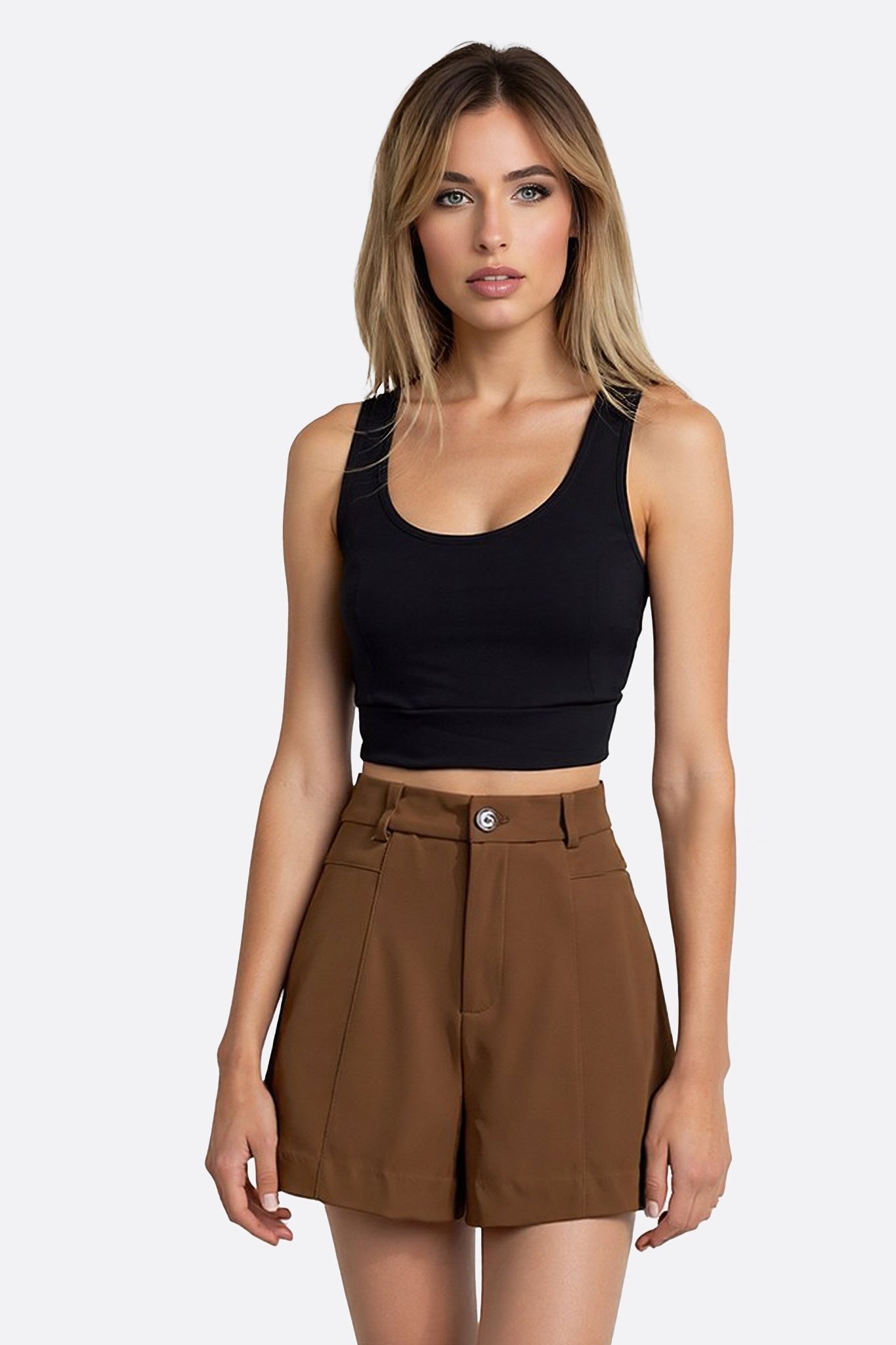 Short marron taille haute à pinces - MISCIANO