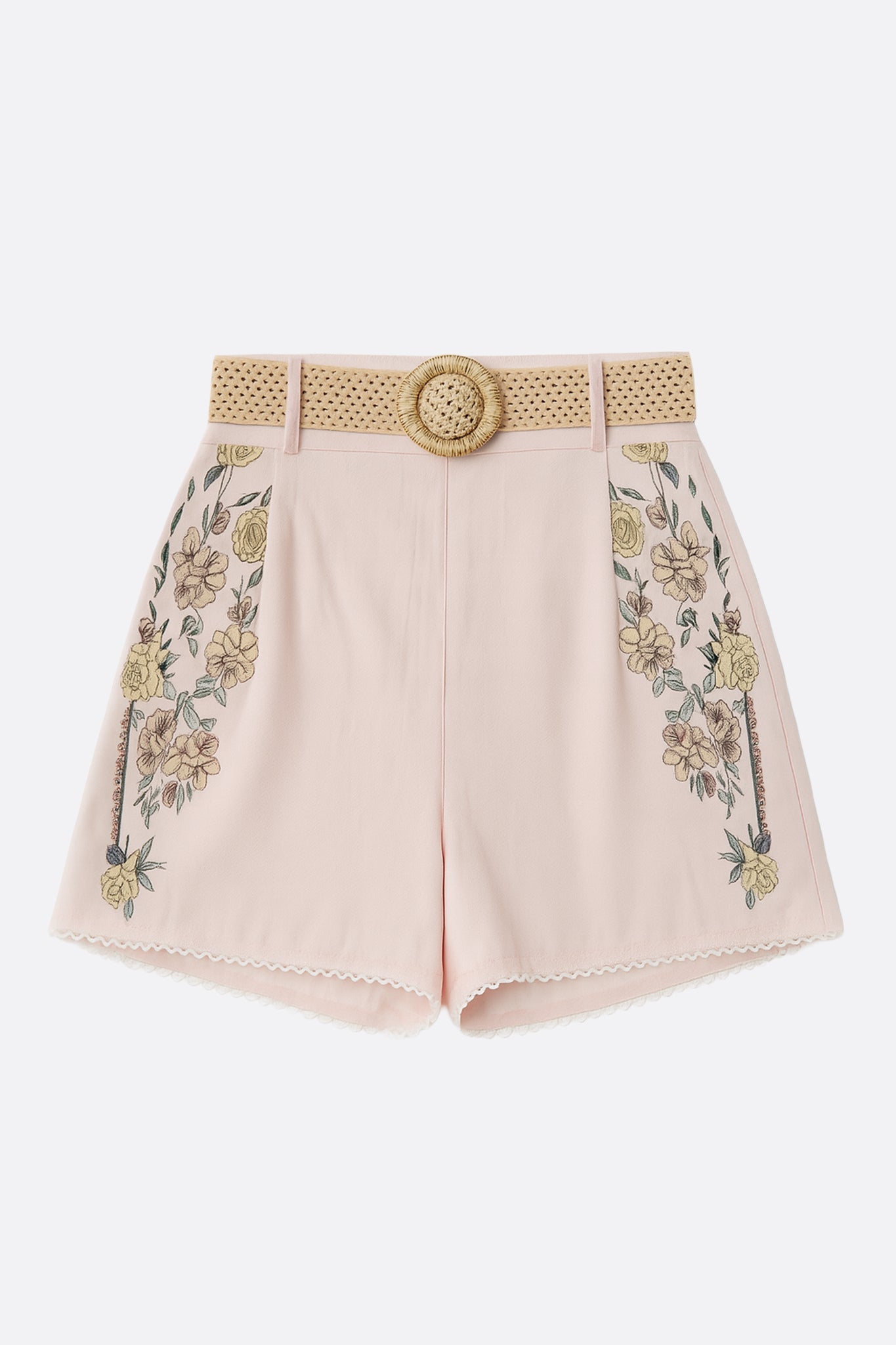 Hoch taillierte Shorts in sanftem Rosé mit floralen Mustern, ideal für lässige Sommertage oder festliche Anlässe, aus...