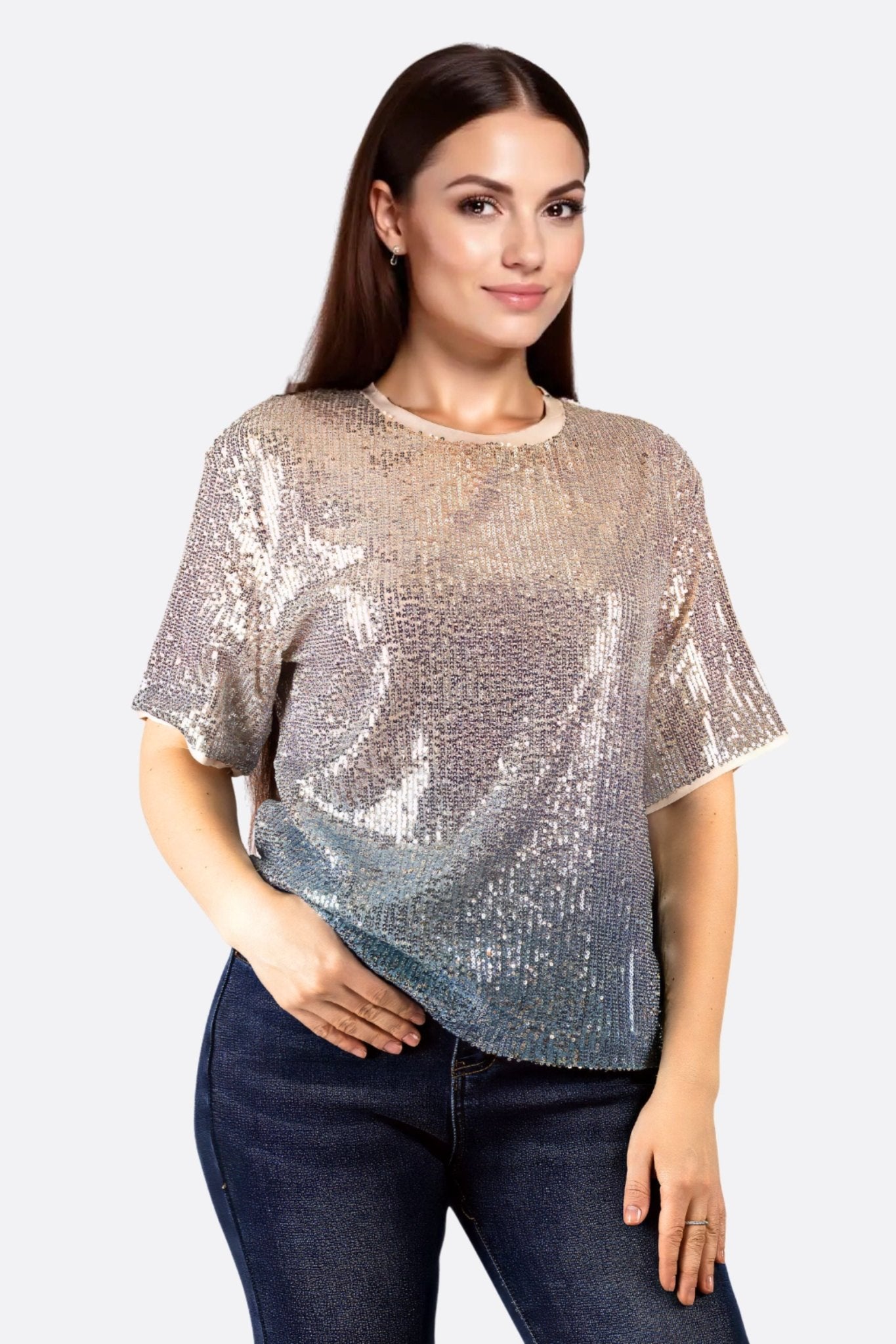 T-Shirt à sequins dégradé beige et bleu - MISCIANO