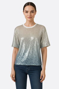 Футболка с градиентными пайетками бежевого и синего цвета