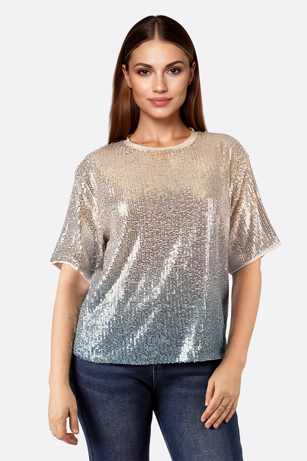 T-Shirt à sequins dégradé beige et bleu - MISCIANO