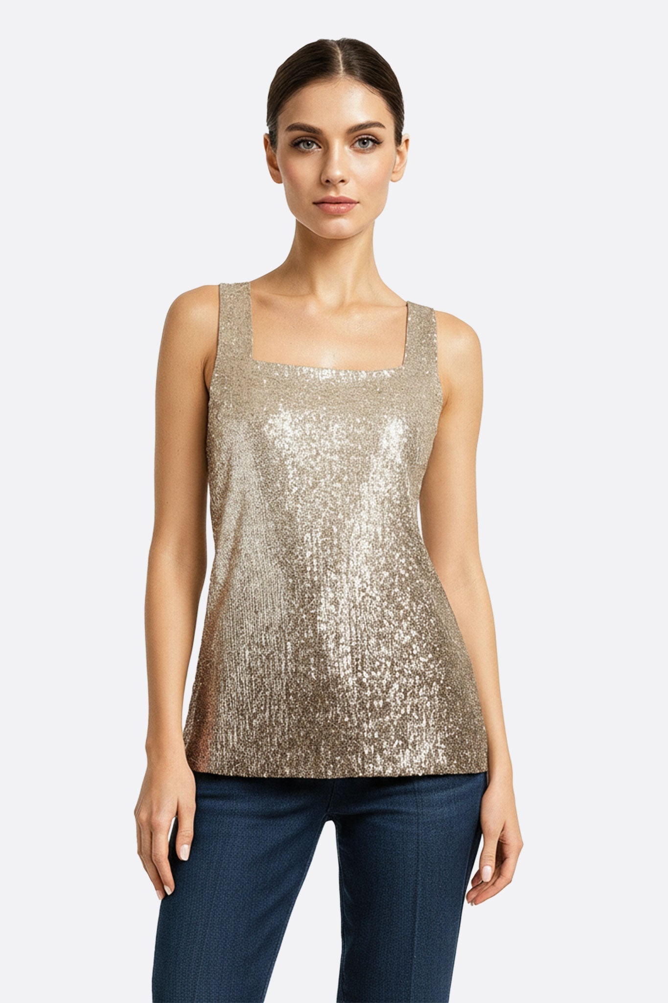 Top elegante con sequins degradé beige e bronzo, perfetto per look chic e serate speciali.