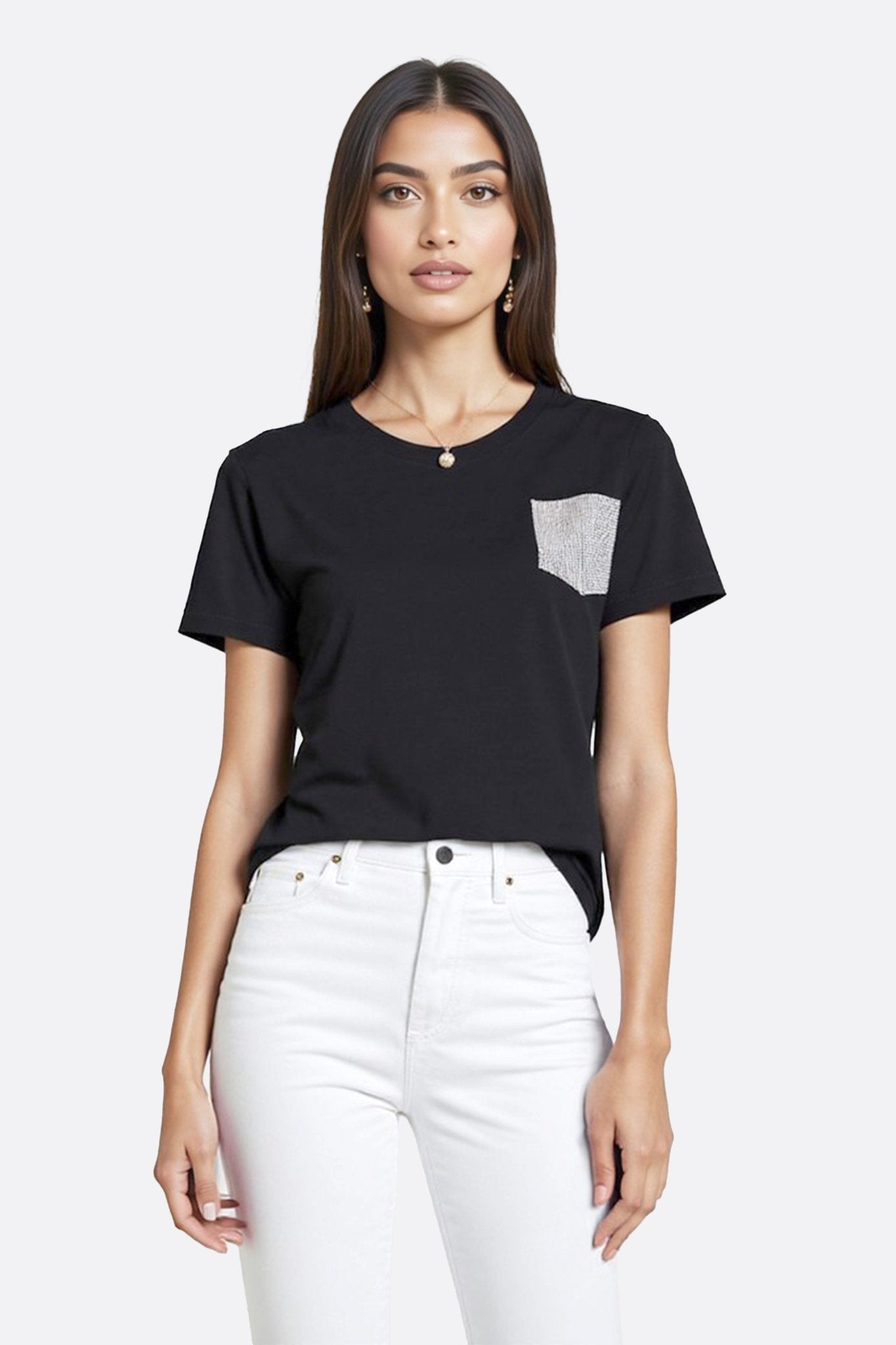 Chic black T-shirt with a sparkling rhinestone pocket, perfect for adding a touch of glamour to any casual or evening outfit.