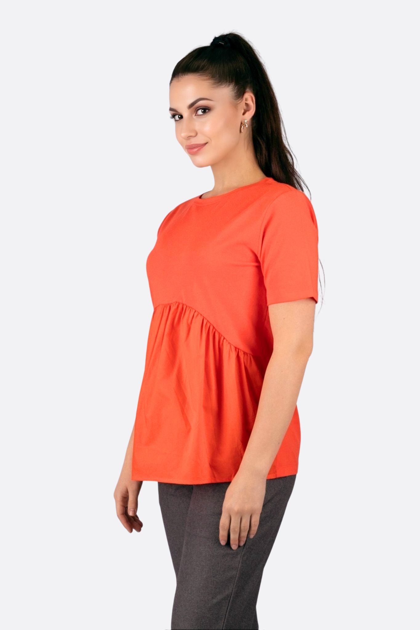 T-shirt rouge corail ample à détails froncés - MISCIANO