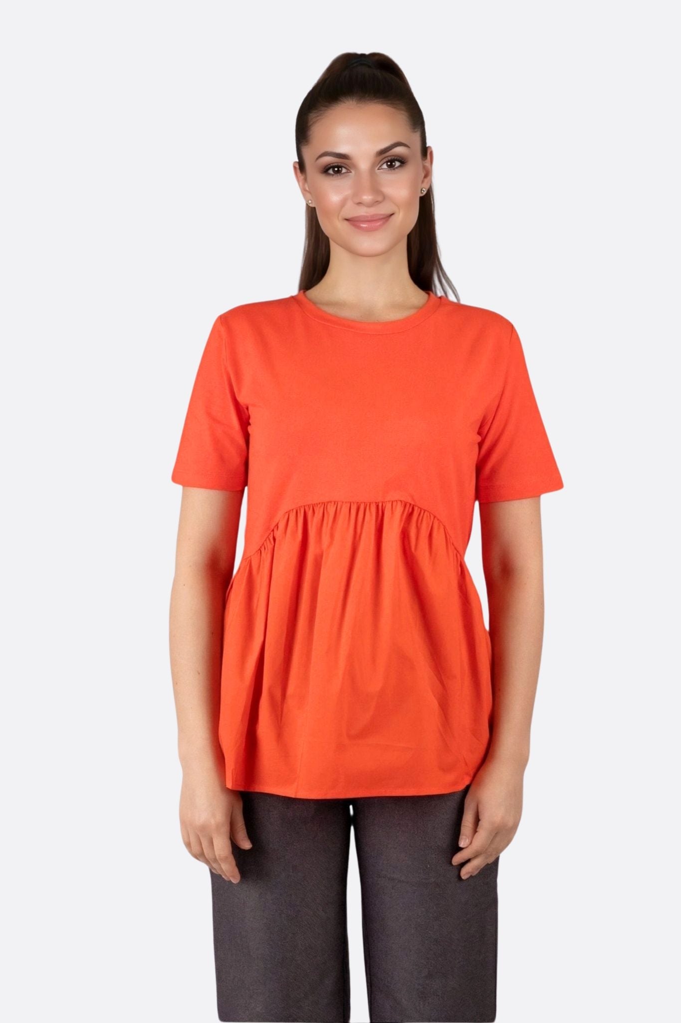 Loose coral red T-shirt with ruched details