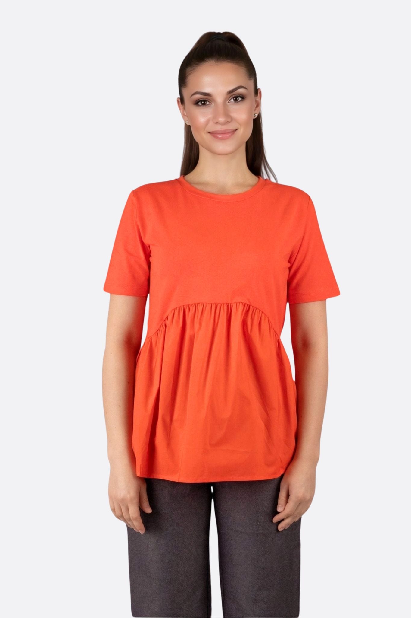 T-shirt rouge corail ample à détails froncés - MISCIANO