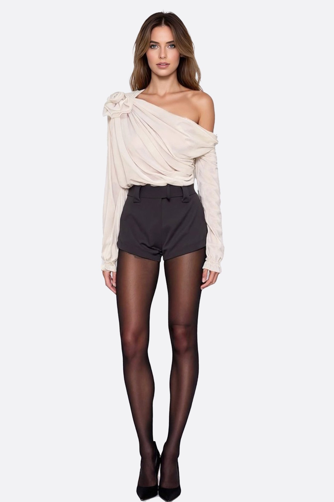 Top asymétrique blanc écru drapé à fleur sculptée - MISCIANO