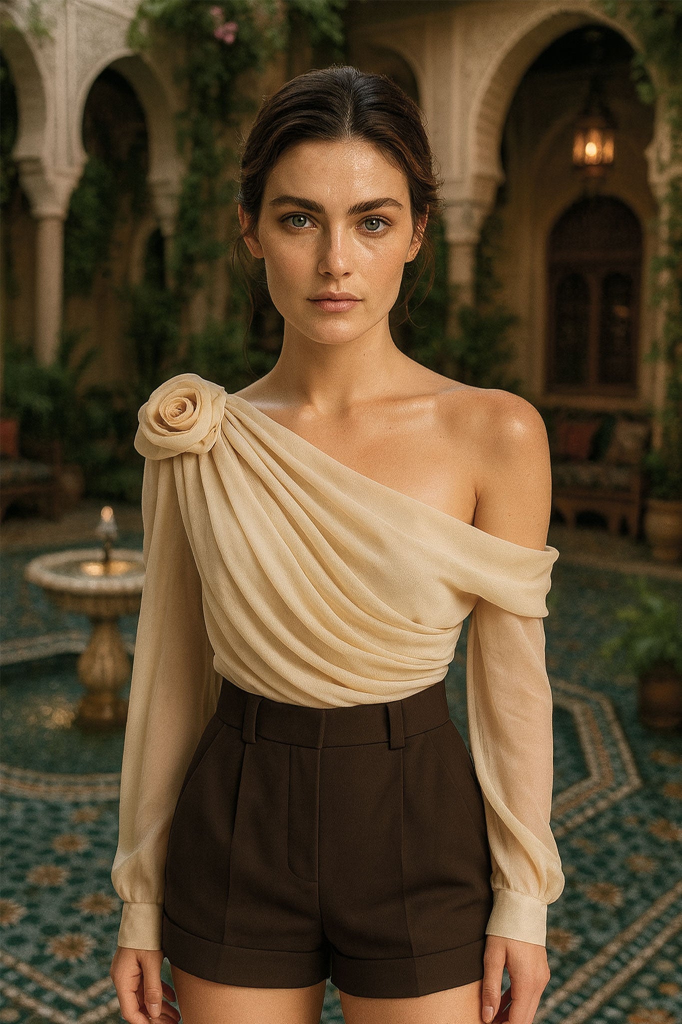 
Détail subtil d'un top écru drapé asymétrique avec fleur sculptée, parfait pour un style moderne et féminin.



