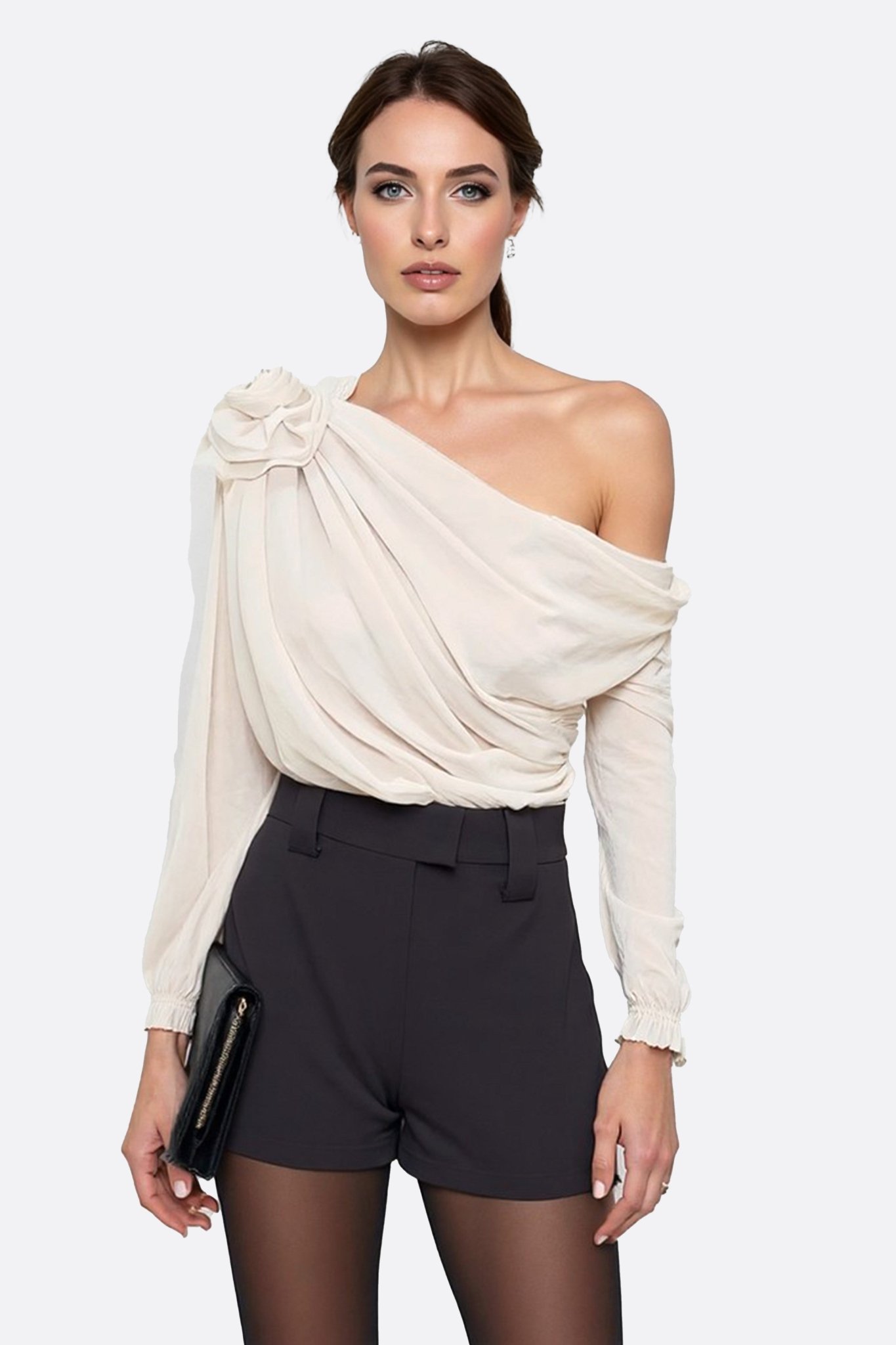 Top asymétrique blanc écru drapé à fleur sculptée - MISCIANO