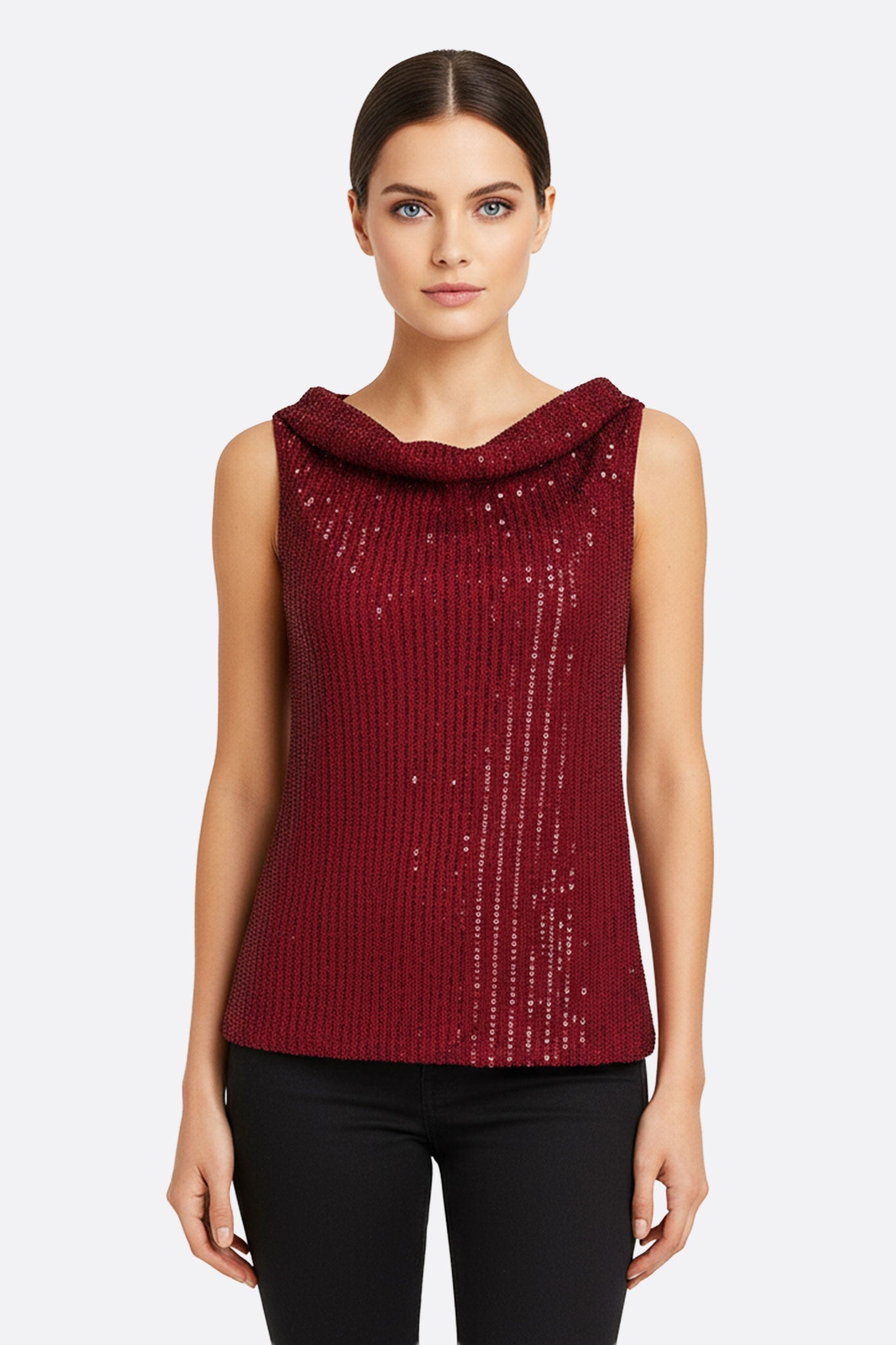 Top sans manches en sequins bordeaux, chic et raffiné, parfait pour une soirée élégante ou un événement spécial.