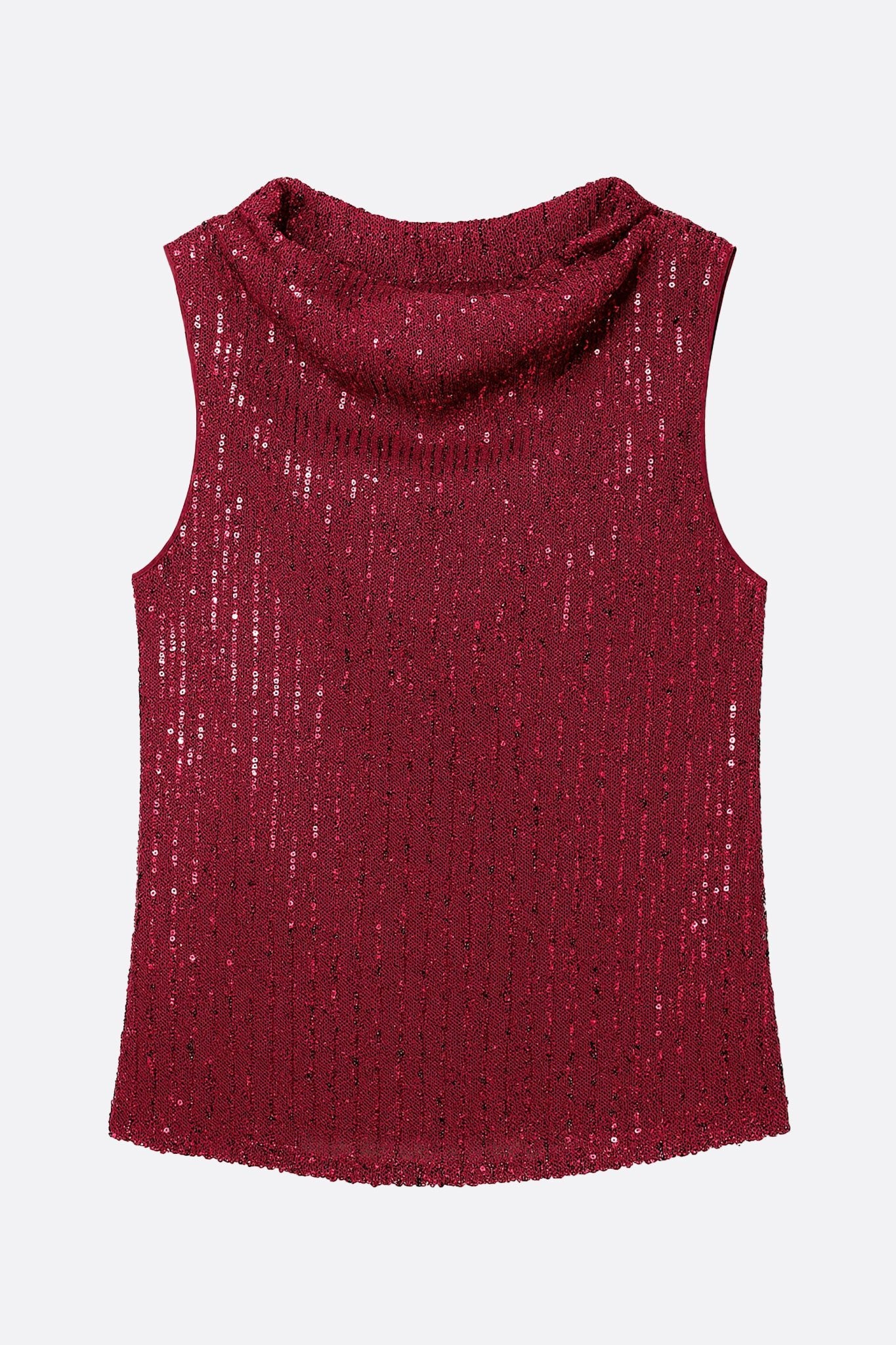 
Détail du dos du top bordeaux sans manches orné de sequins, soulignant son allure moderne et festive pour des occasions...



