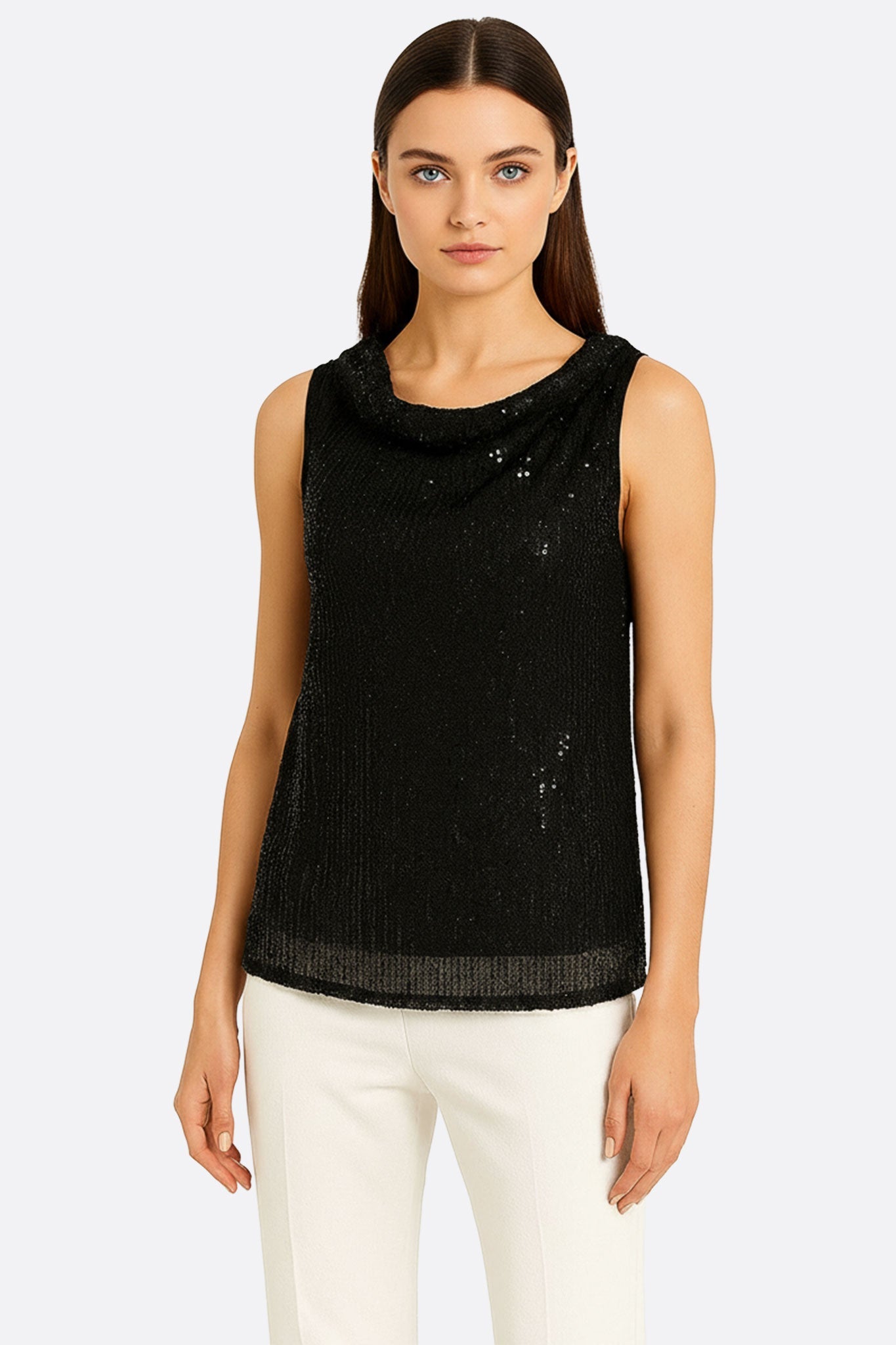 Top nero senza maniche impreziosito da sequins scintillanti, ideale per illuminare i tuoi look da sera con eleganza.