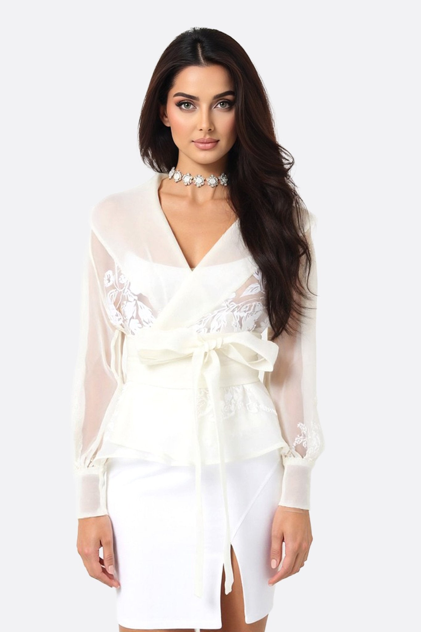 Veste - Chemise en organza écru à motif floral - MISCIANO