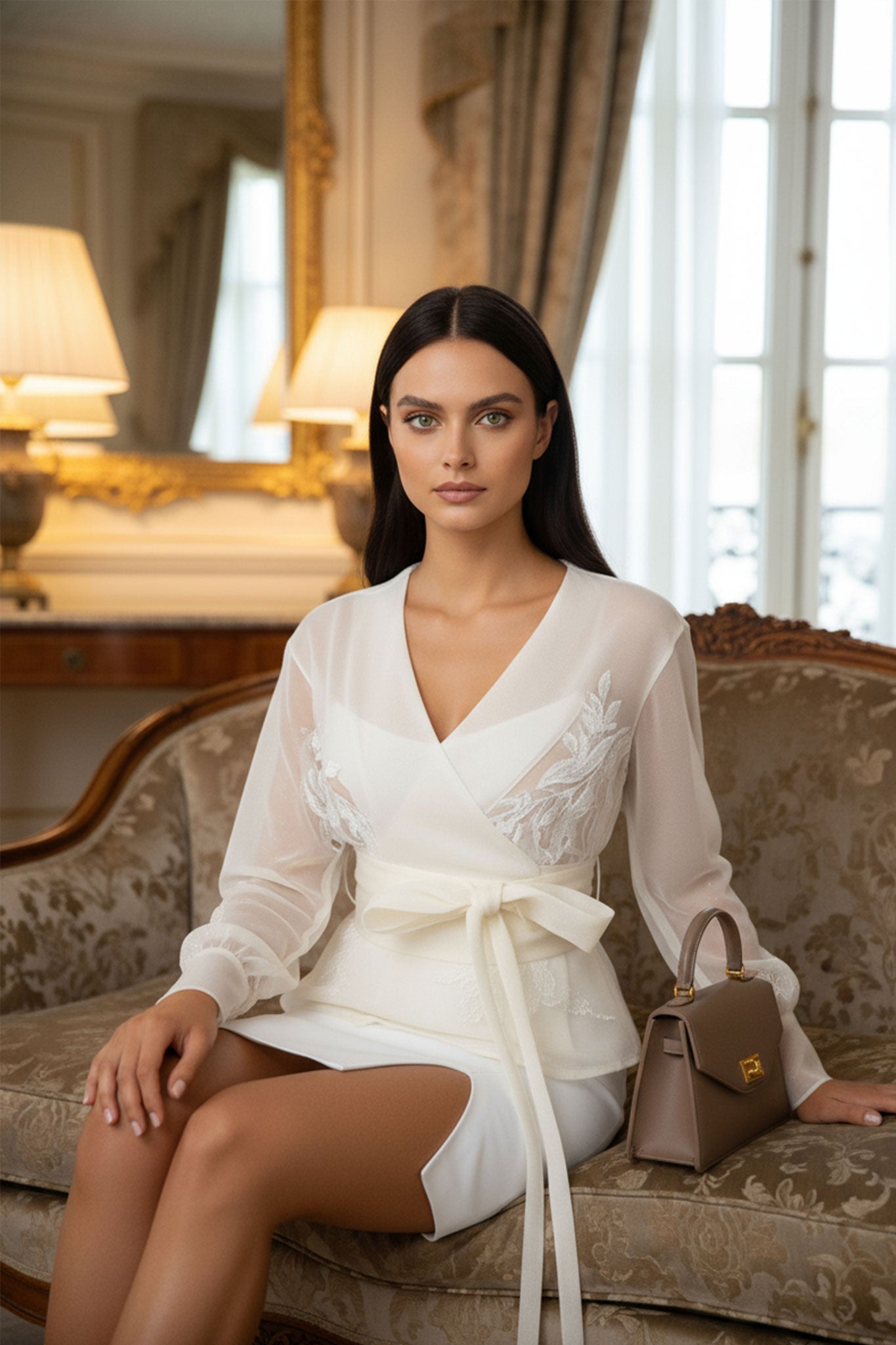 Veste-chemise en organza écru, motifs floraux subtils, mise en avant de sa texture légère et chic pour un look moderne.