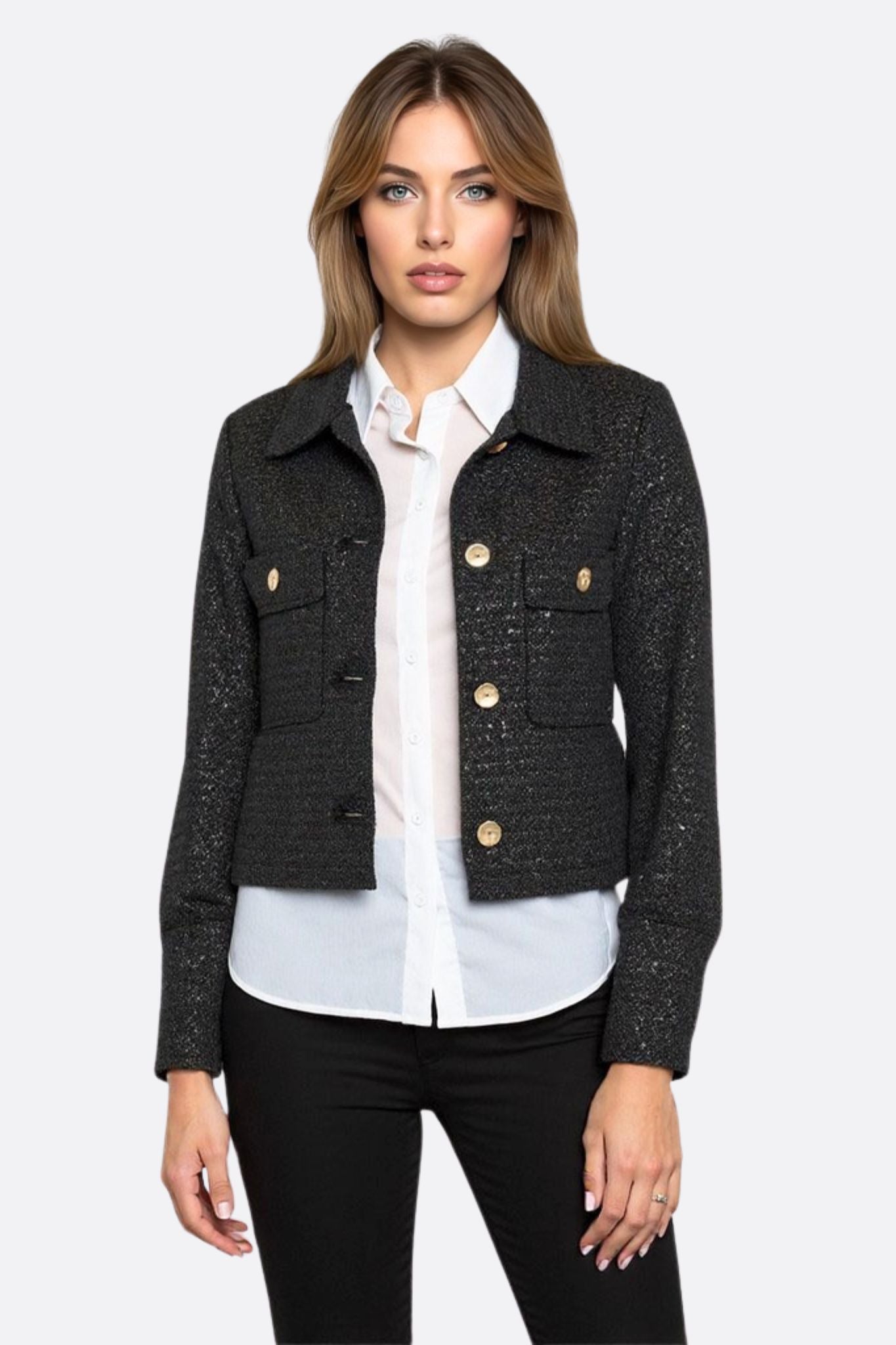 Veste courte en tweed noir à sequins - MISCIANO