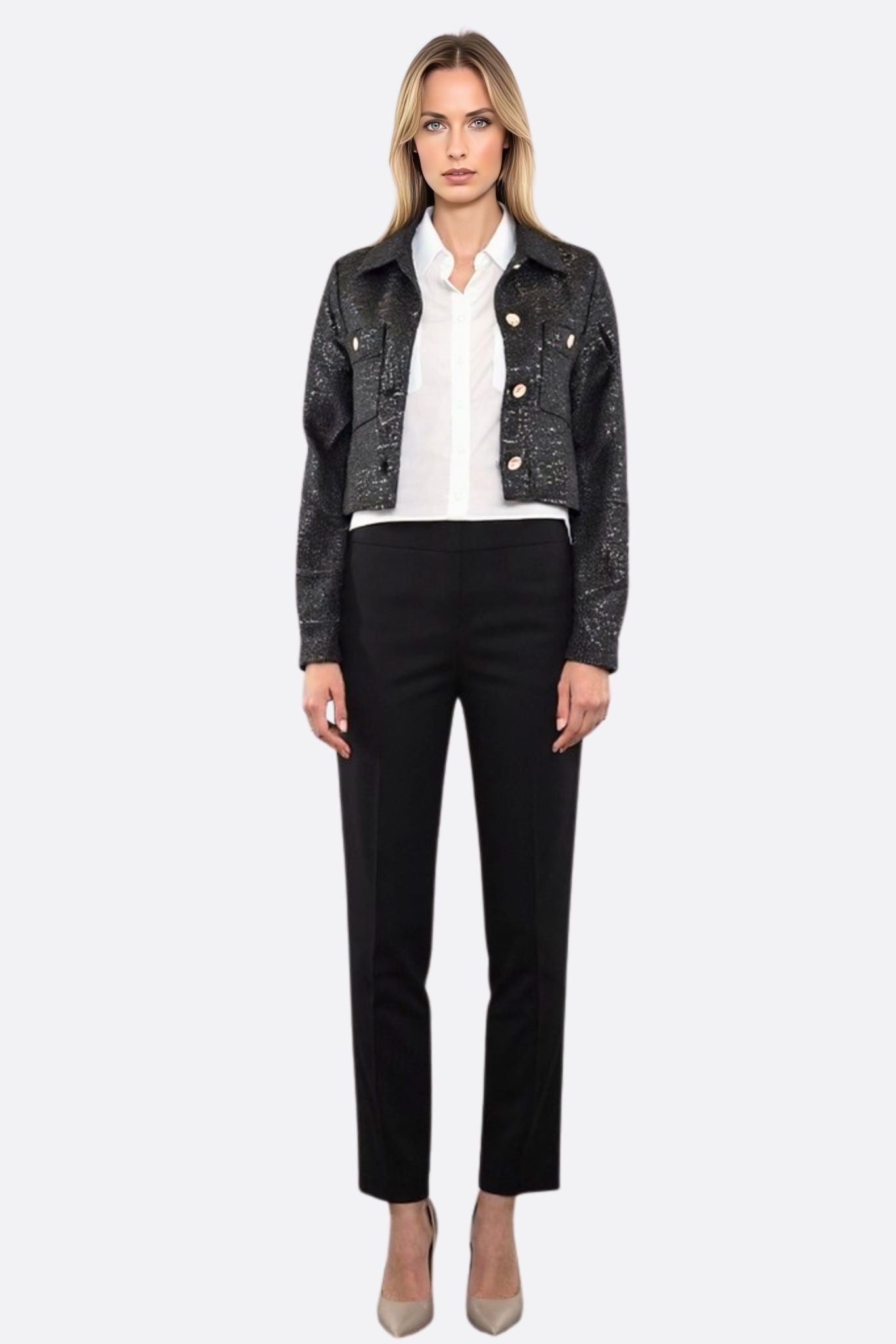 Veste courte en tweed noir à sequins - MISCIANO