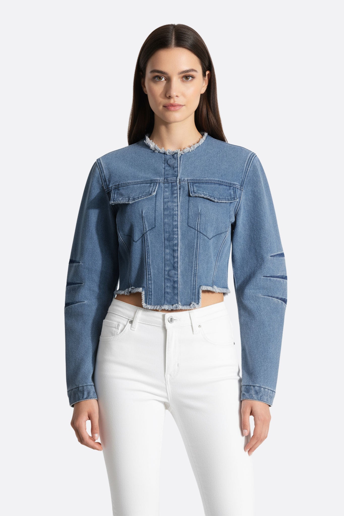
Veste en denim élégante aux franges, parfaite pour un look chic et moderne, idéale pour vos sorties en soirée.



