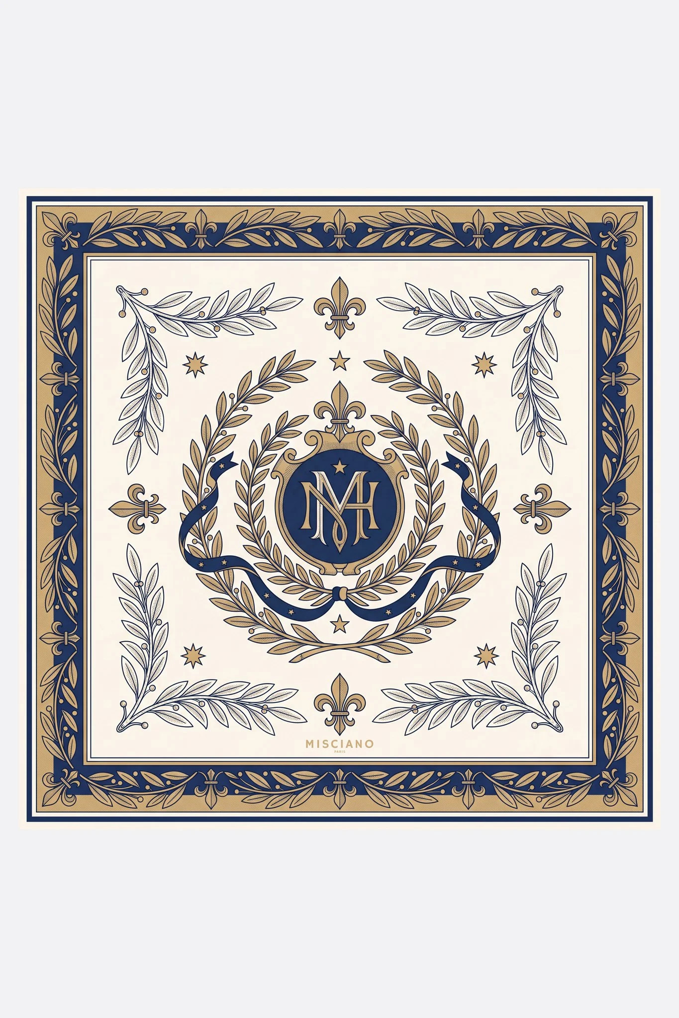 Seidenschal 70 Mitternachtswappen Misciano flach, vollständiges Design: ein nachtblaues Medaillon mit Monogramm
