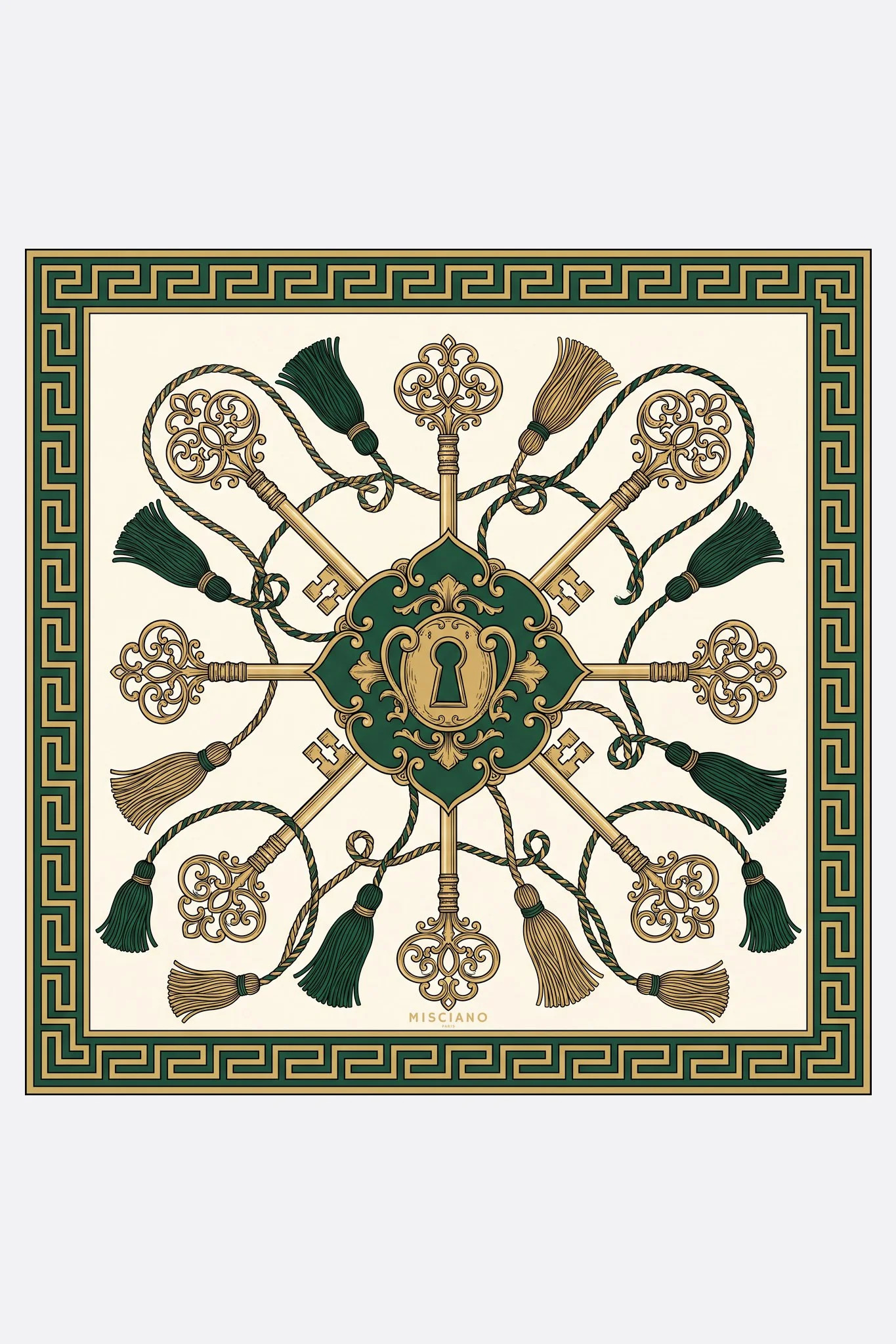 Pañuelo de seda 70 Clés du palais Misciano plano, diseño completo: ocho llaves de oro ornamentadas irradian desde un escudo verde con cerradura