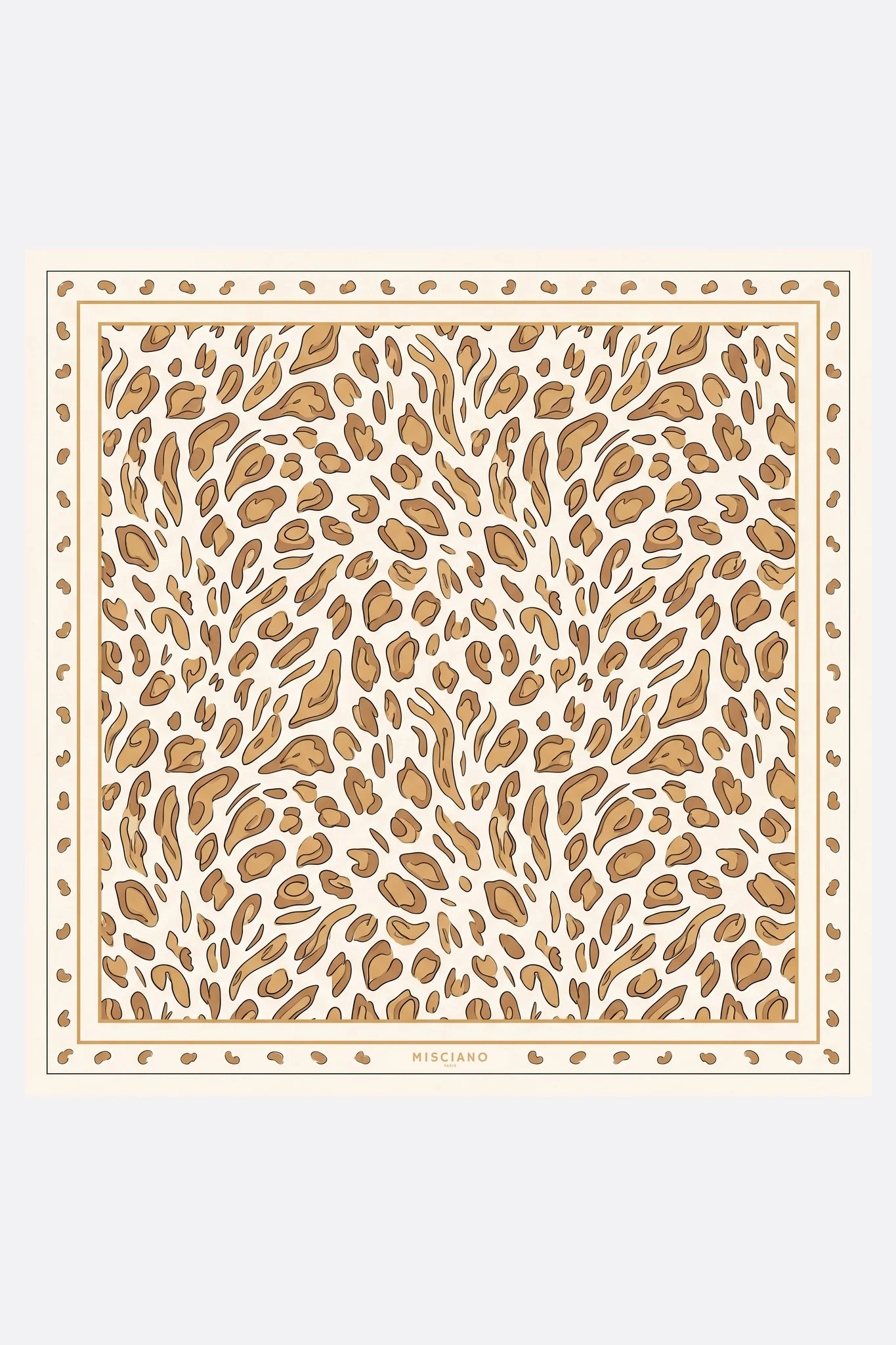 Pañuelo de seda 70 Ocelote dorado Misciano plano, diseño completo: un pelaje de ocelote dibujado mancha a mancha