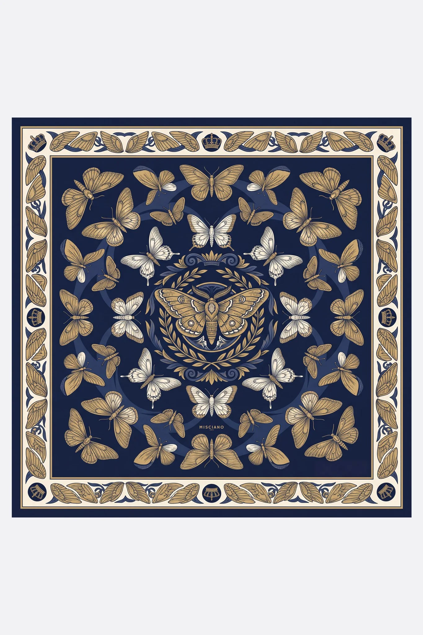 Seidenschal 70 Midnight Butterflies Misciano flach, vollständiges Design: auf einem mitternachtsblauen Hintergrund