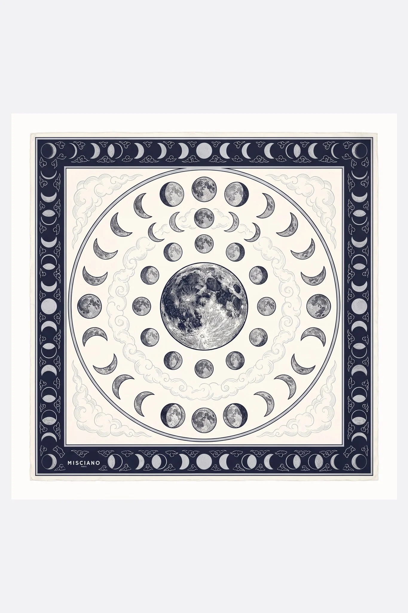 Silk scarf 70 Phases de la lune Misciano flat, full design: an engraved full moon in the center