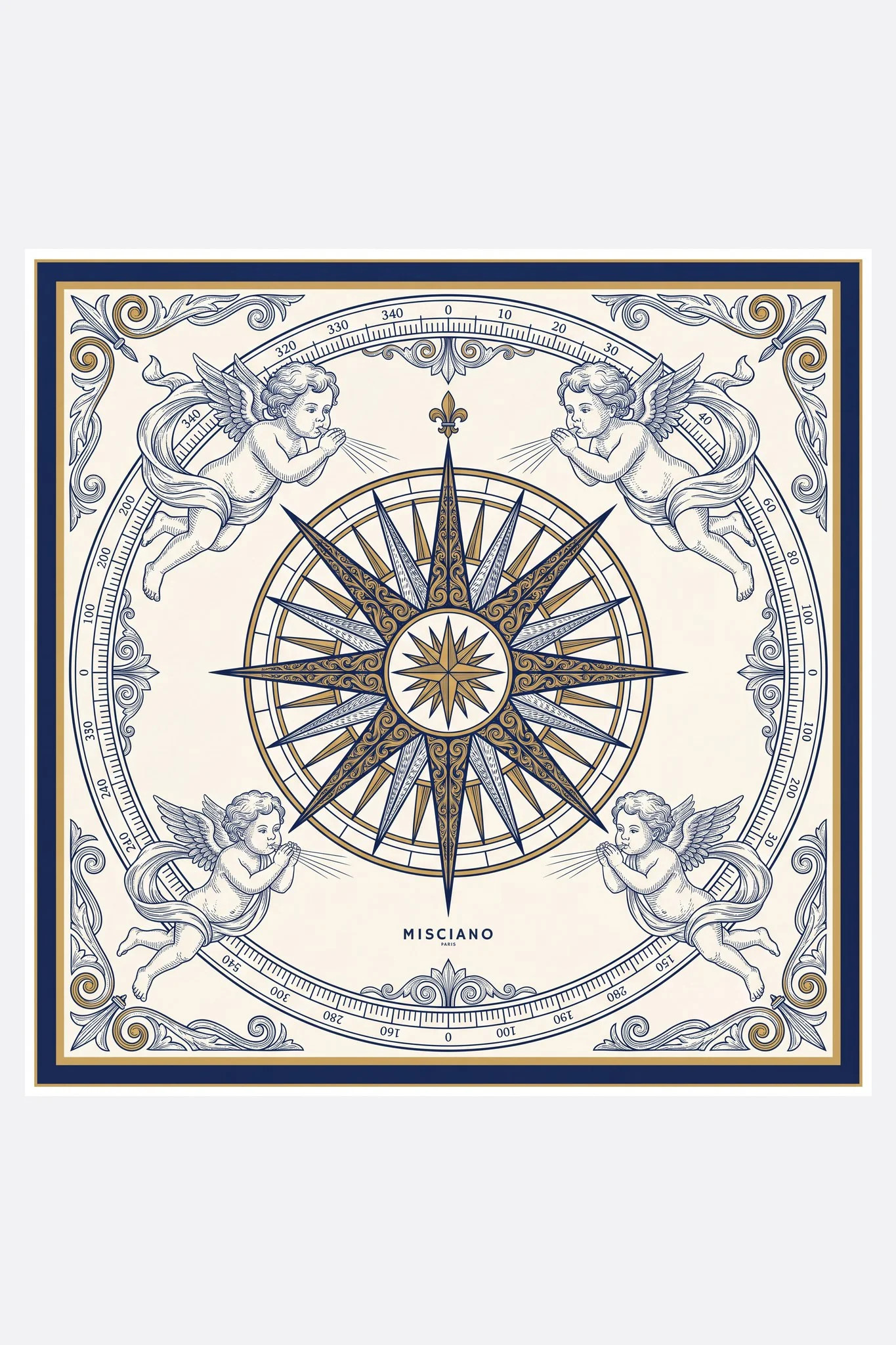 Seidenschal 70 Rose des vents Misciano flach, vollständiges Design: Eine große marineblaue und goldene Windrose nimmt die Mitte des Schals ein