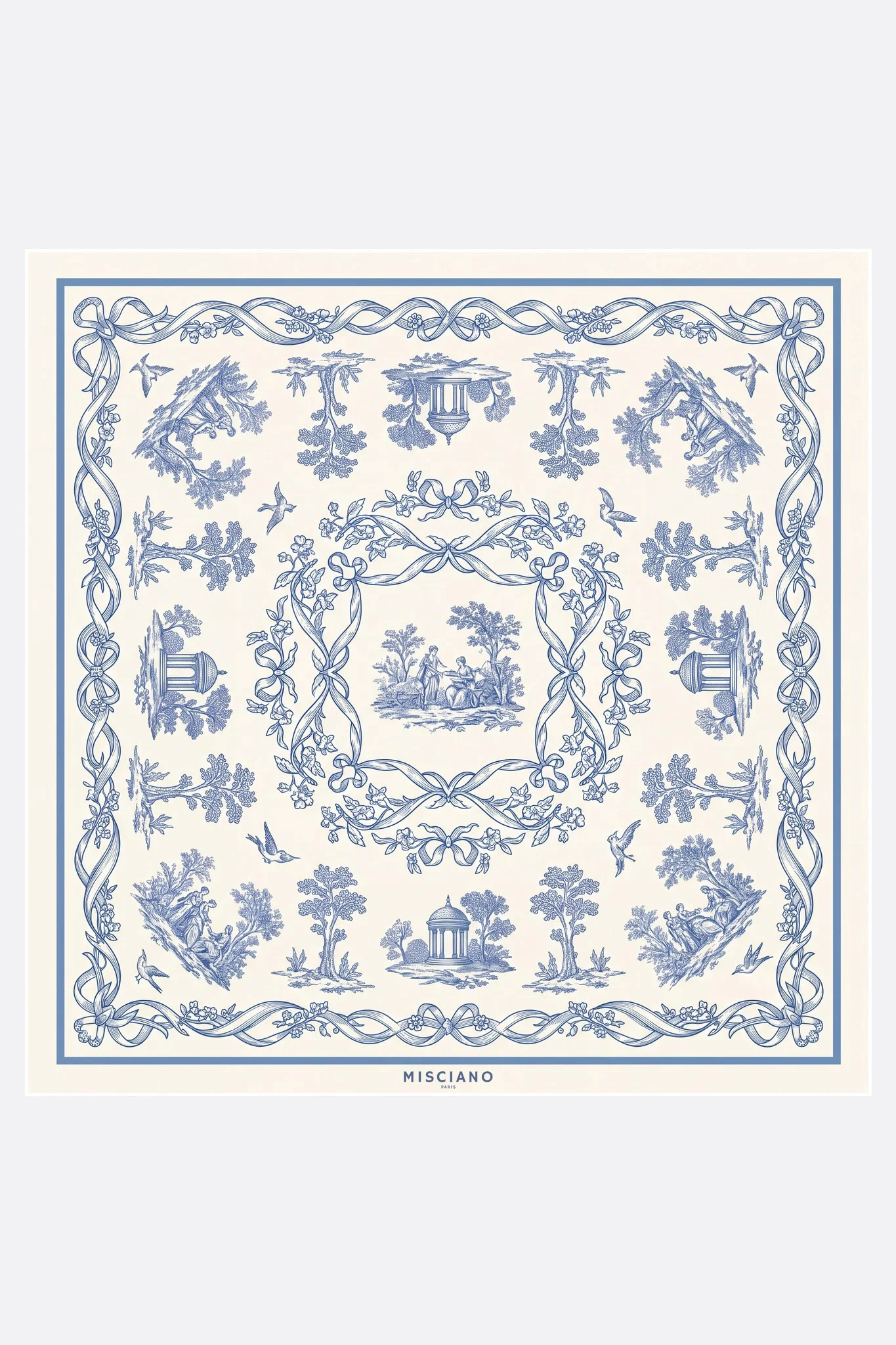 Pañuelo de seda 70 Toile de rêverie Misciano plano, diseño completo: una toile de Jouy en tonos azules sobre crema: pabellones de jardín