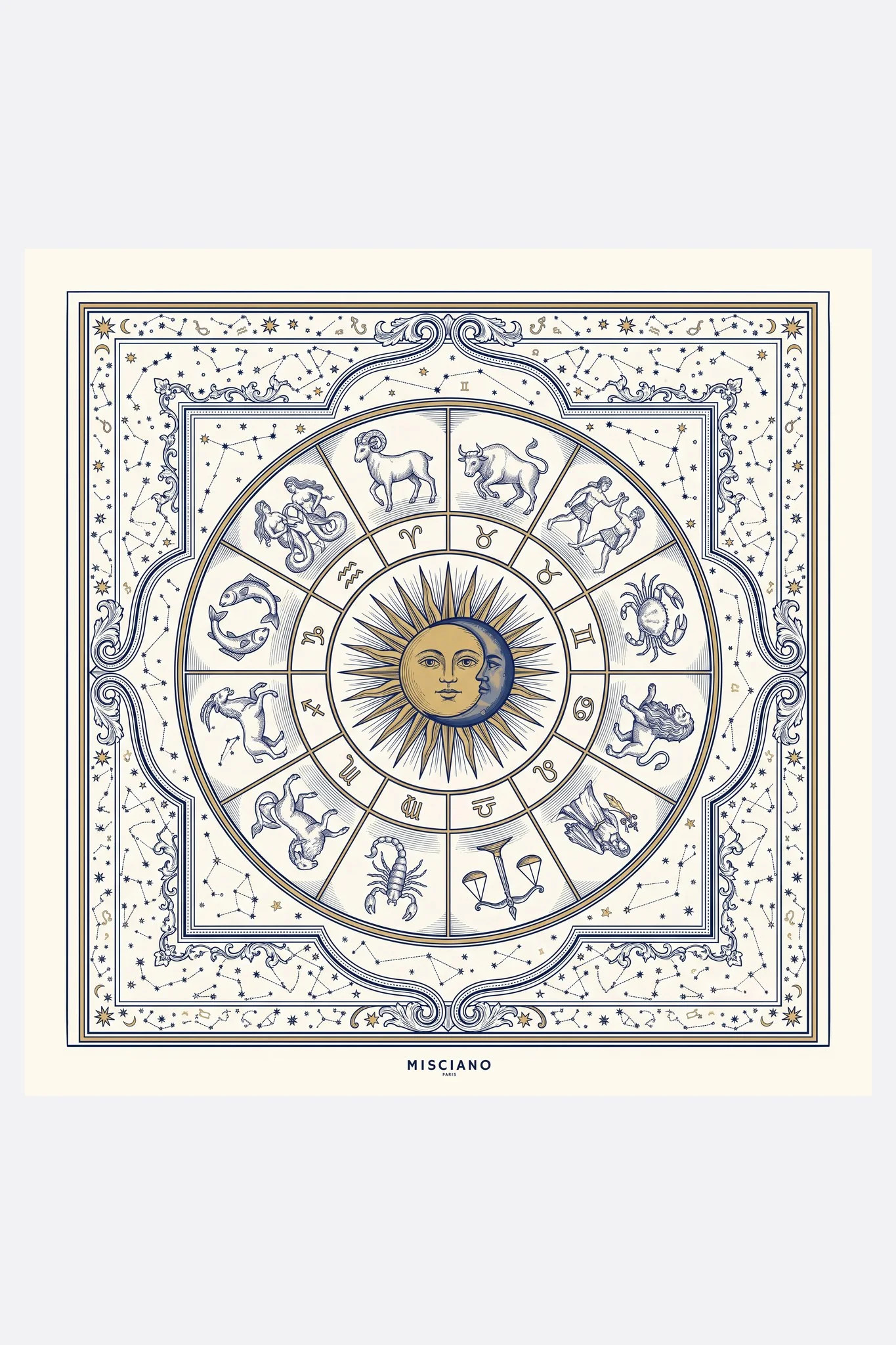 Seidenschal 70 Zodiaque doré Misciano flach, vollständiges Design: eine Sonne mit goldenem Gesicht