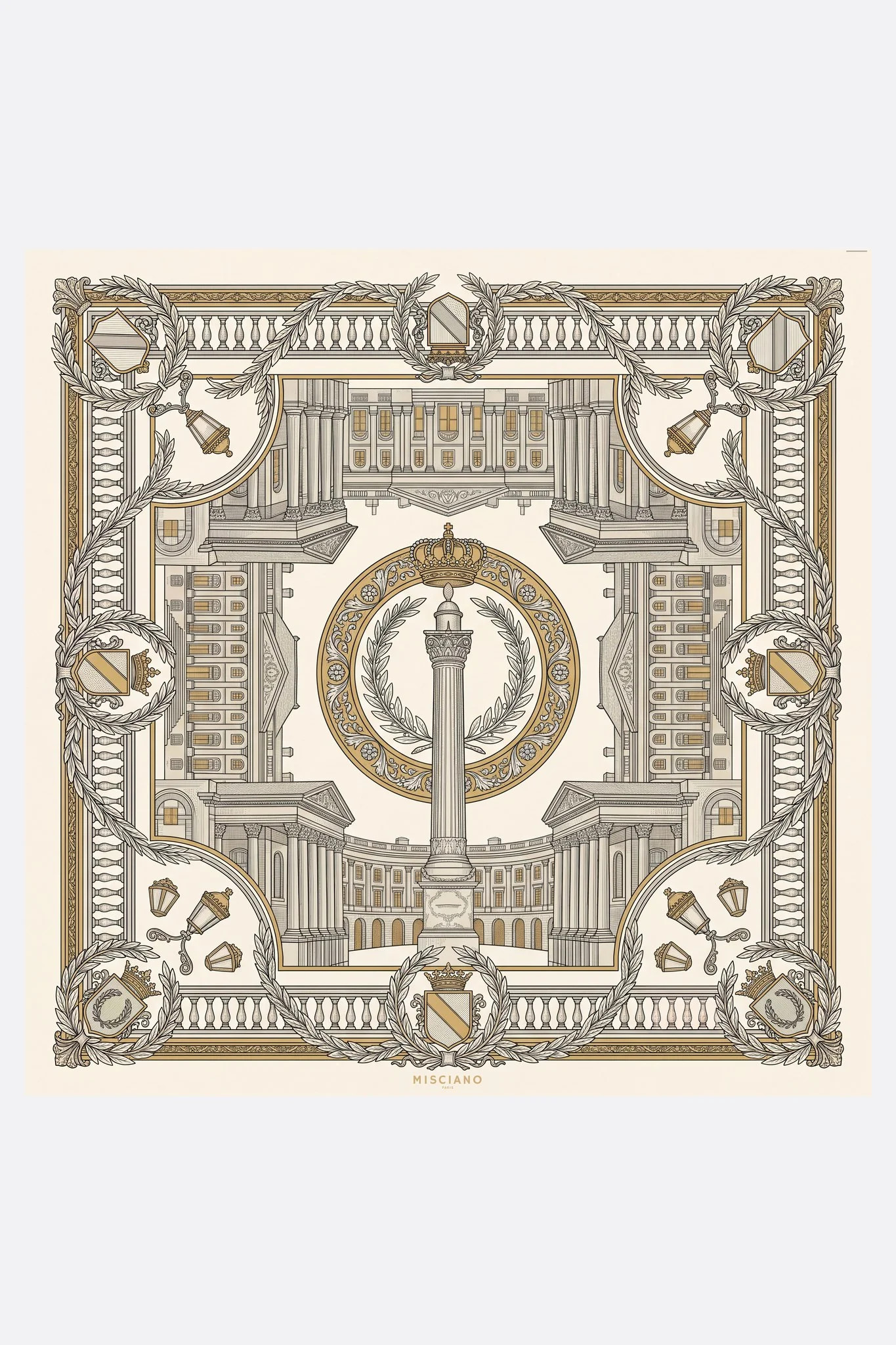 Foulard di seta 90 Place Vendôme Misciano piatto, disegno completo: la colonna Vendôme in una corona di alloro