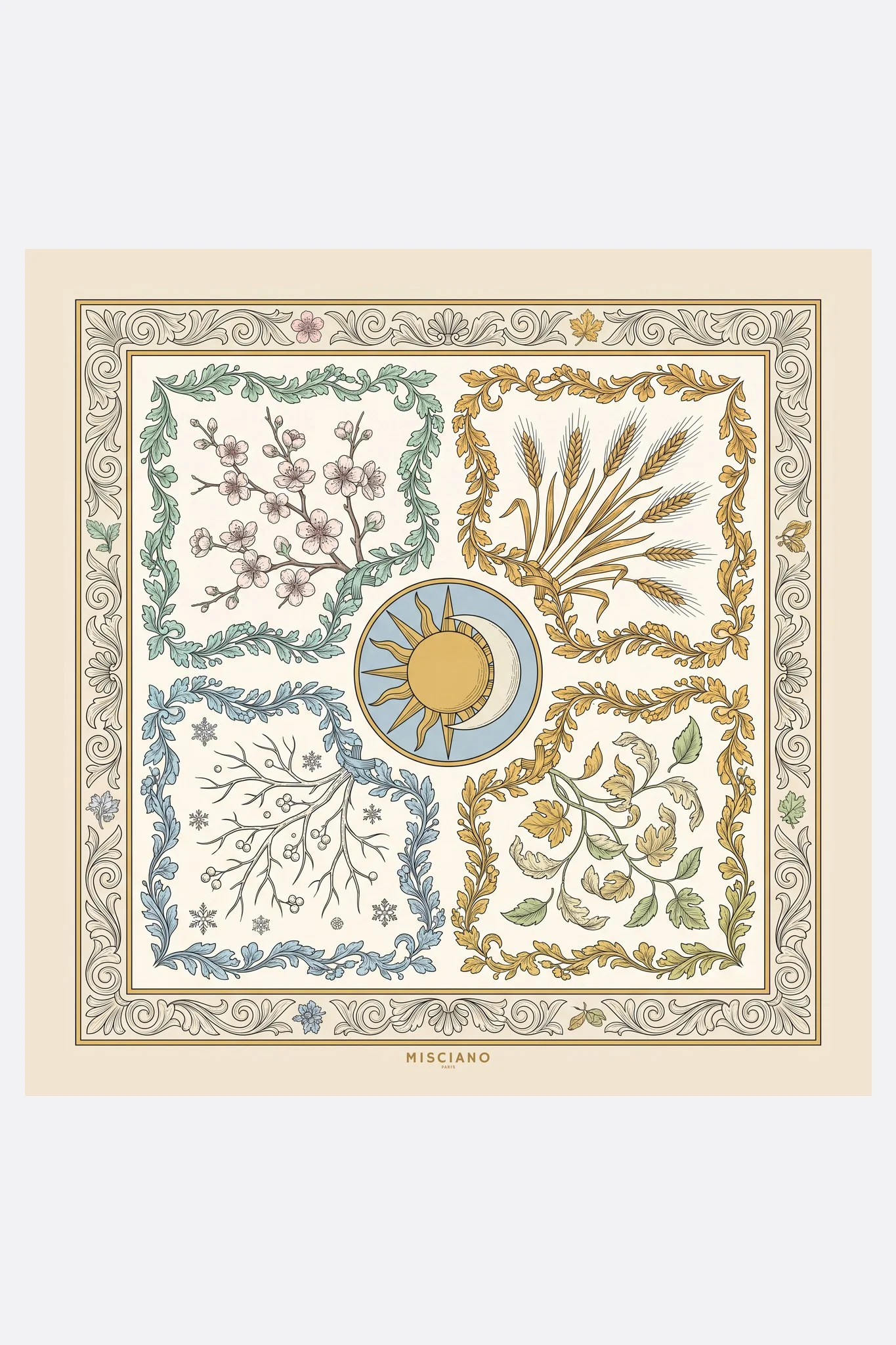 Foulard di seta 90 Quatre saisons Misciano piatto, disegno completo: quattro quarti