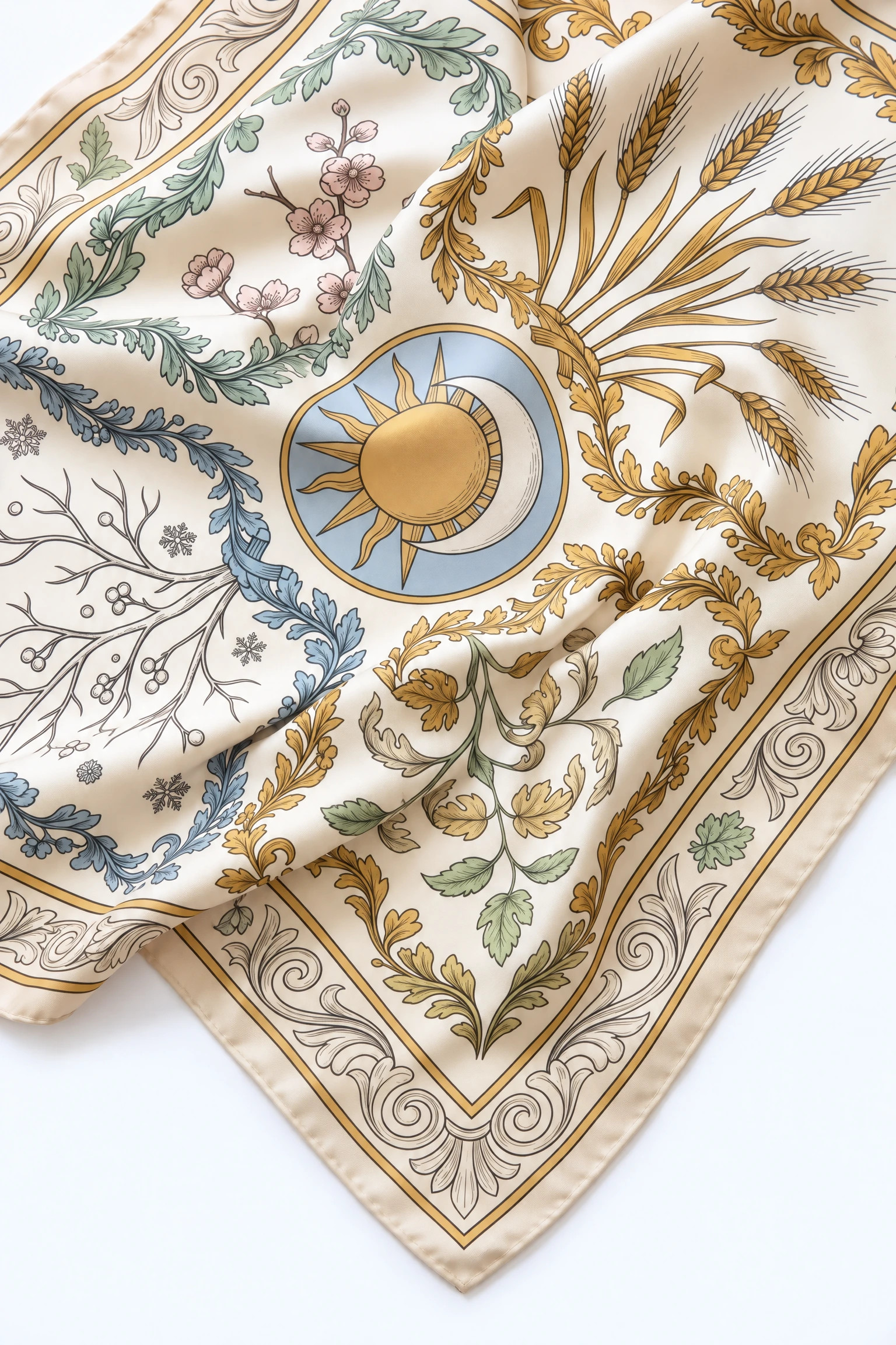 Primo piano sulle pieghe del foulard di seta Quatre saisons, twill di seta e orlo arrotolato a mano