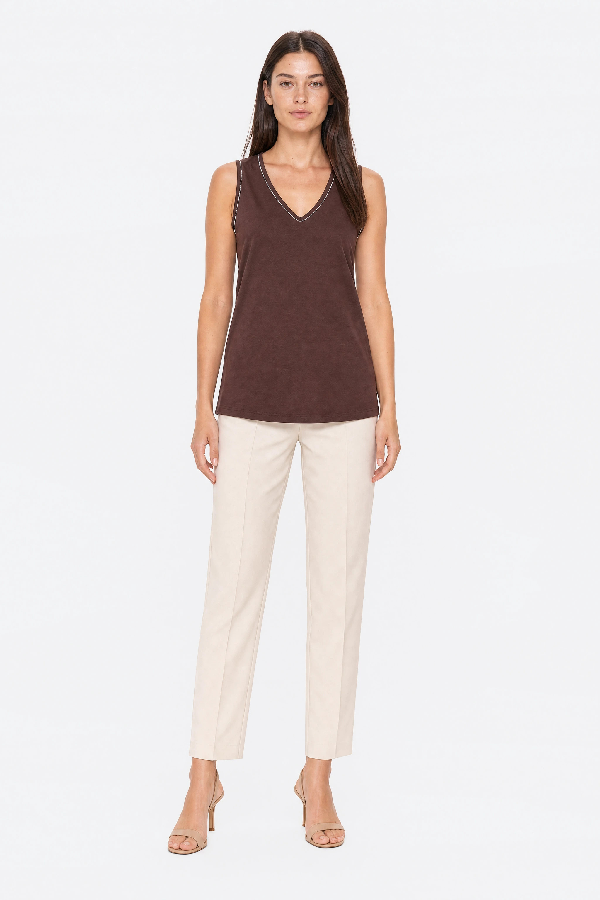 Misciano chocolate brown tank top worn facing front, V neckline edged with silver beads