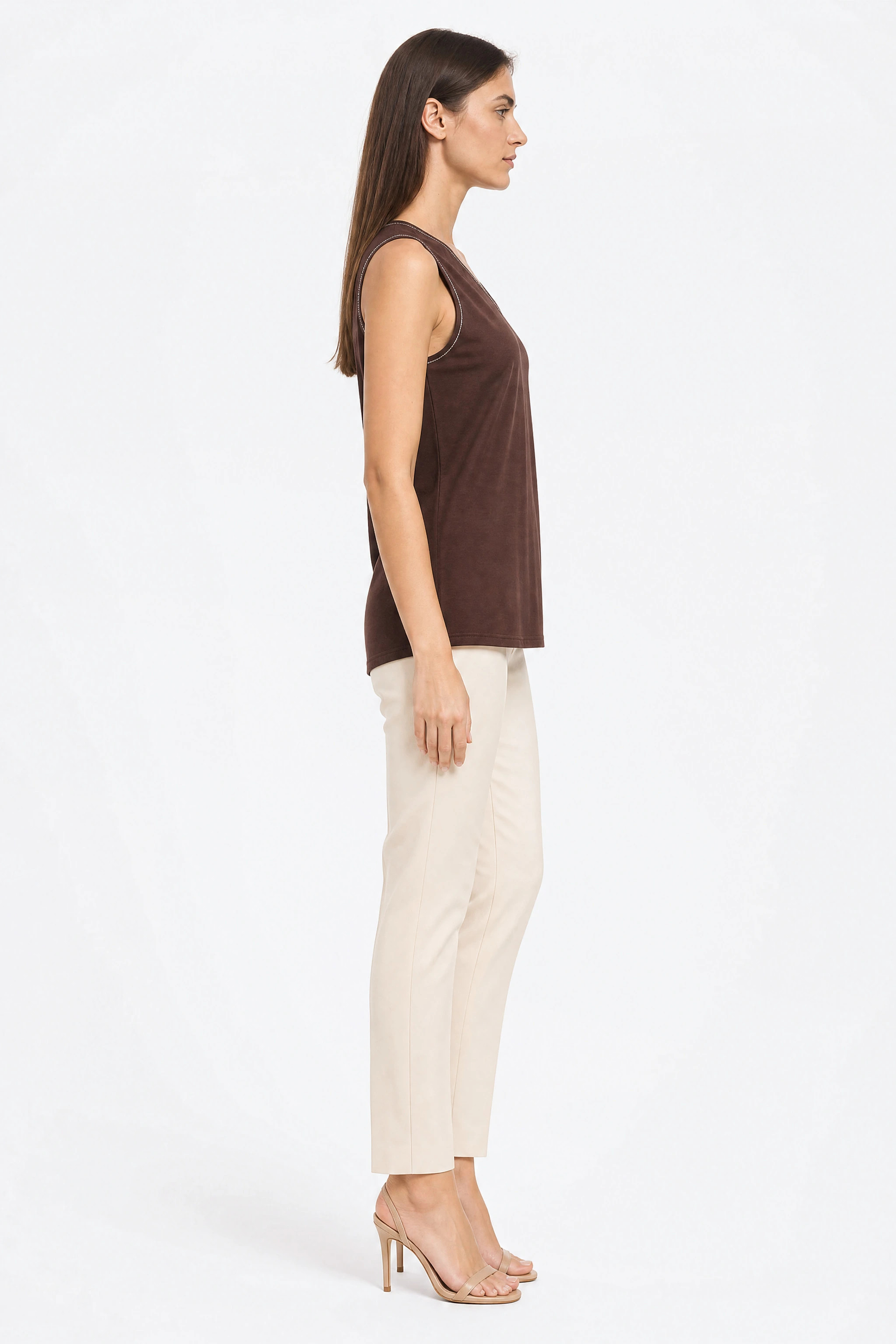 Chocolate brown tank top seen from the side, beaded armhole and fluid drape of the jersey