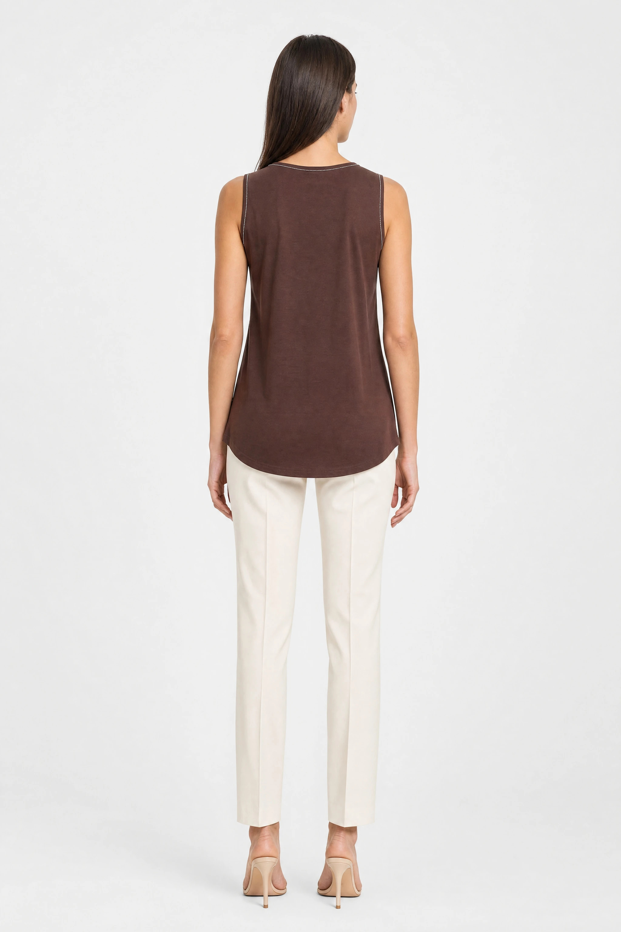 Back of the chocolate brown tank top, rounded neckline and longer hem at the back
