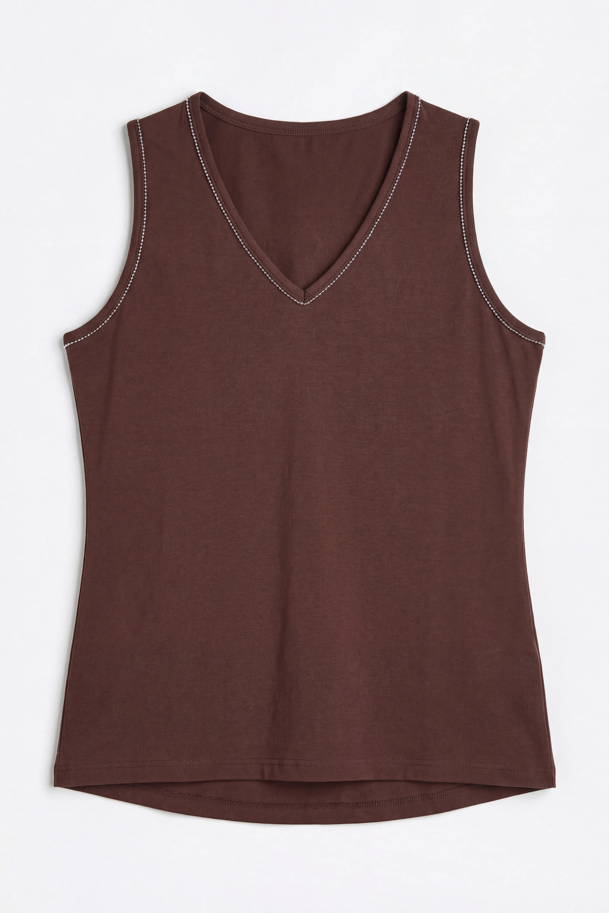 Chocolate brown tank top flat, silver beads visible on the neckline and armholes