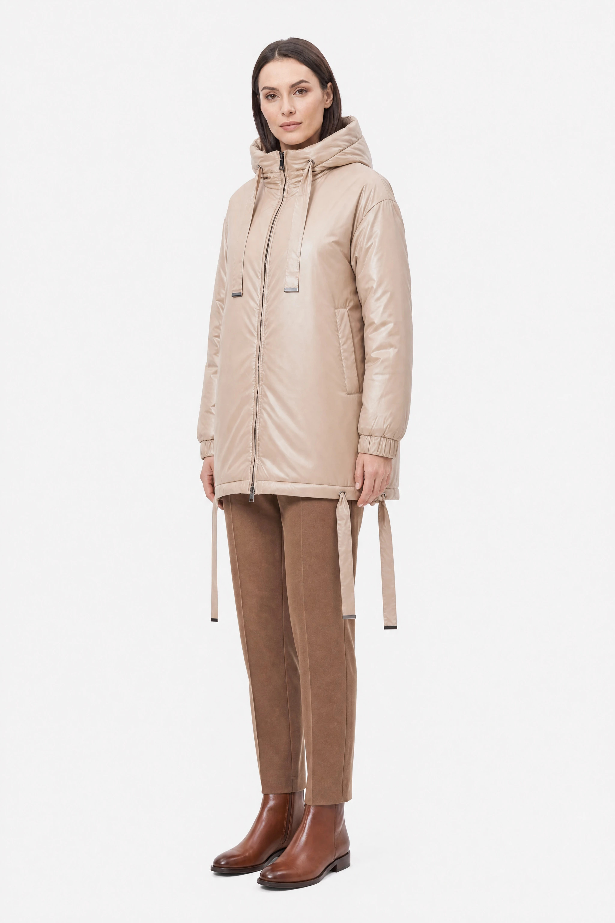 Beige satin and quilted puffer jacket with a hood and adjustable ties, three-quarter view