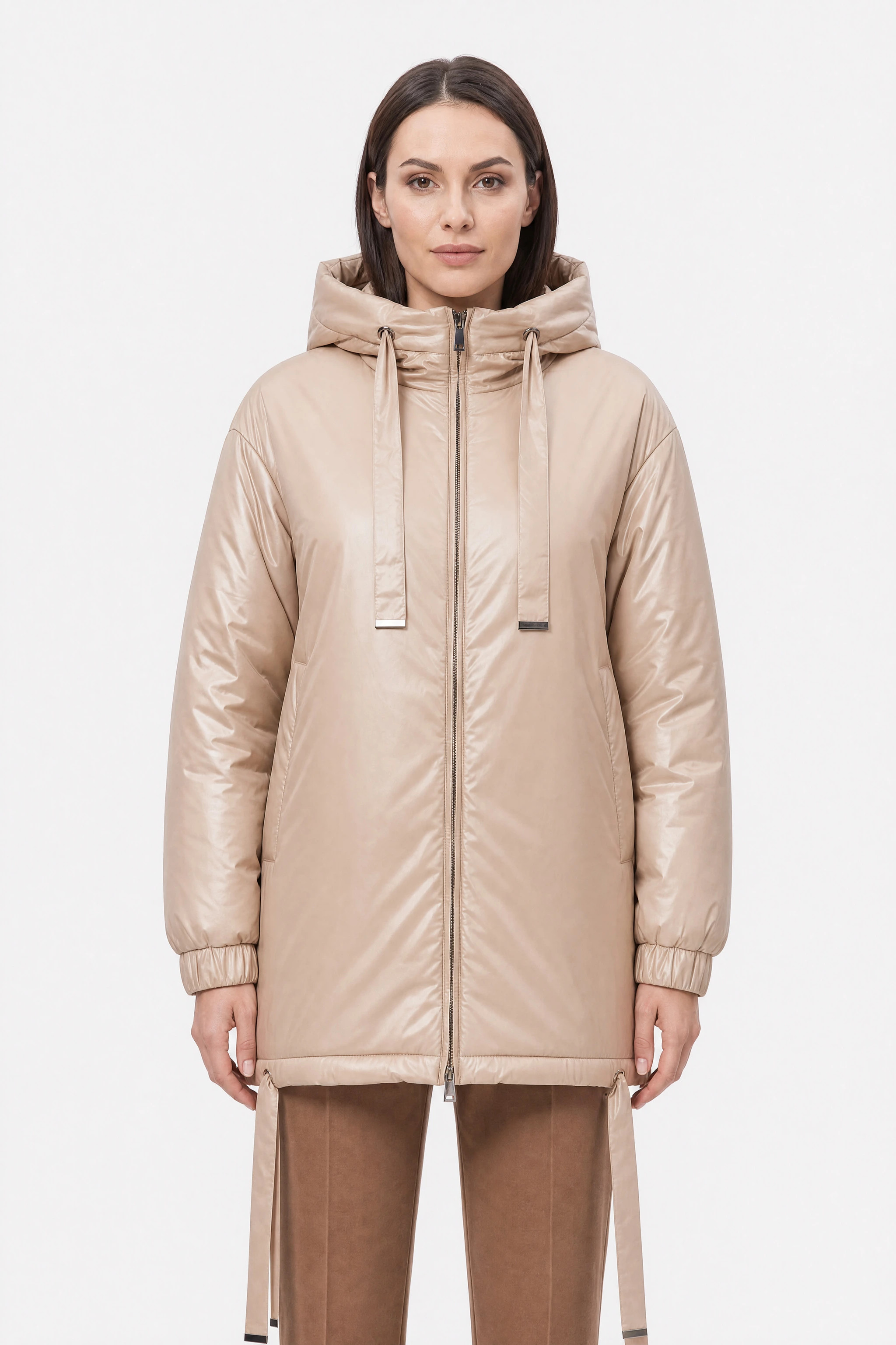 Beige satin and quilted puffer jacket with a hood and adjustable ties, upper detail