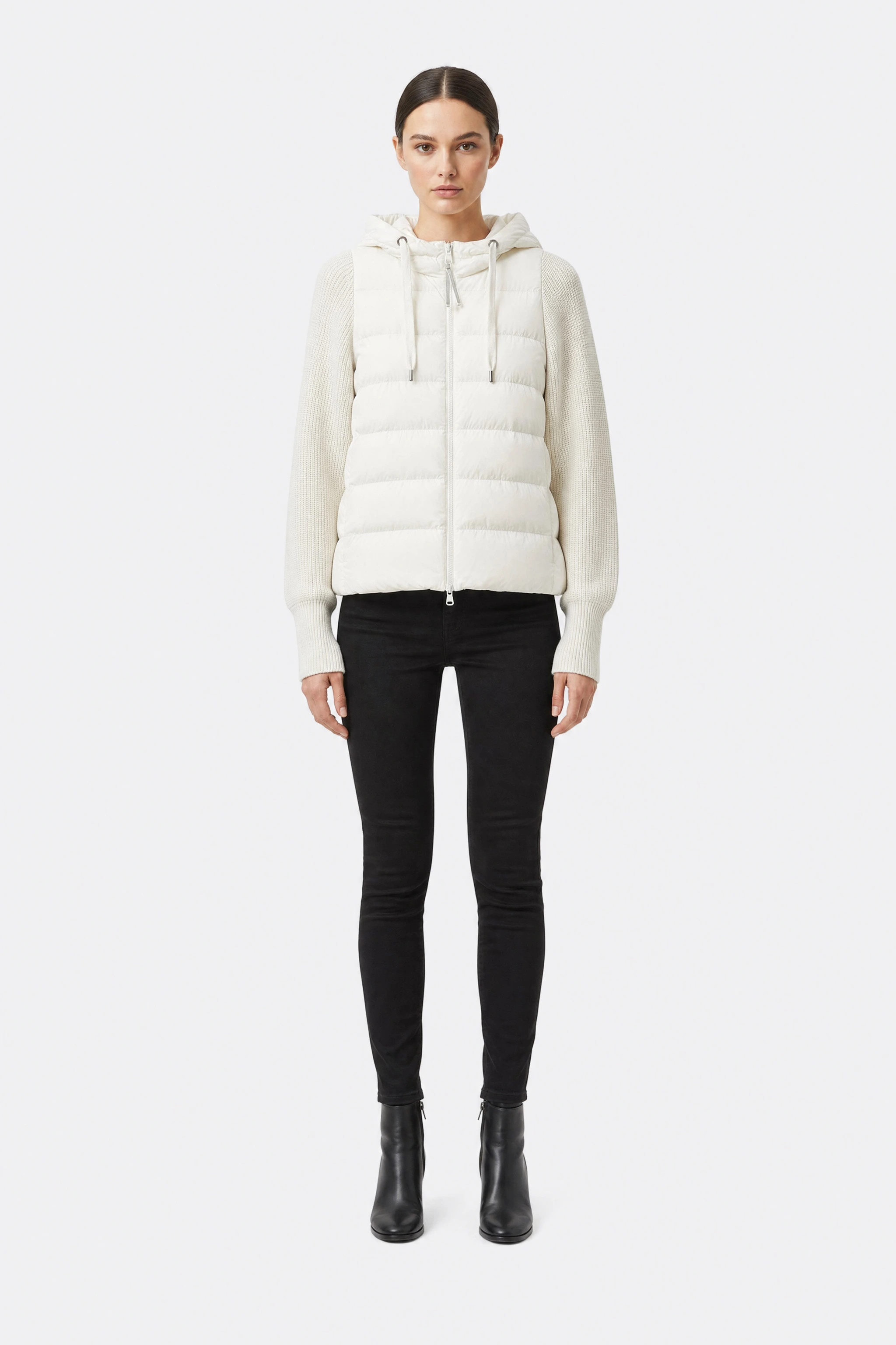 White bi-material down jacket with duck down and hood, worn, front view