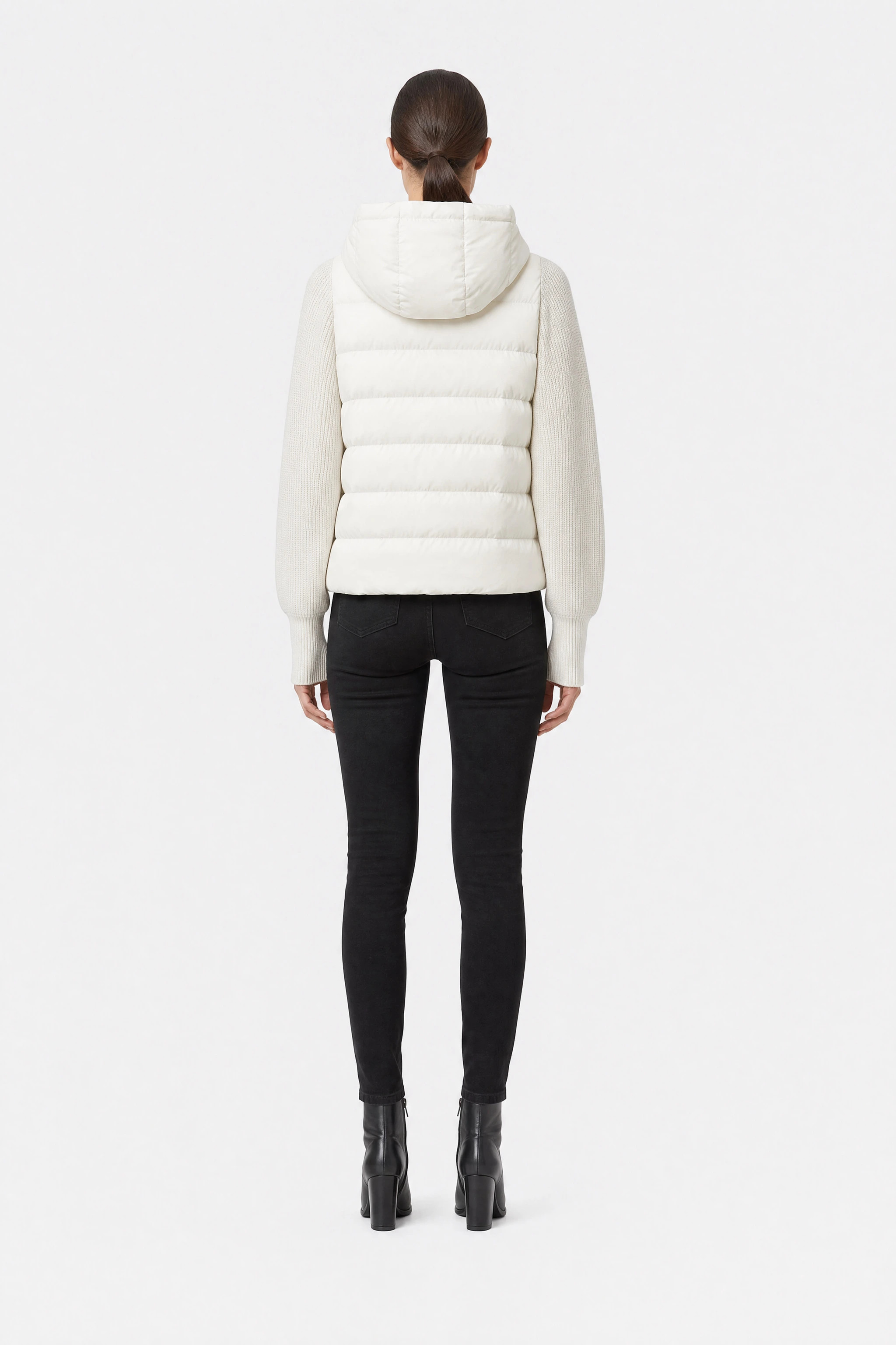 White bi-material down jacket with duck down and hood, back view