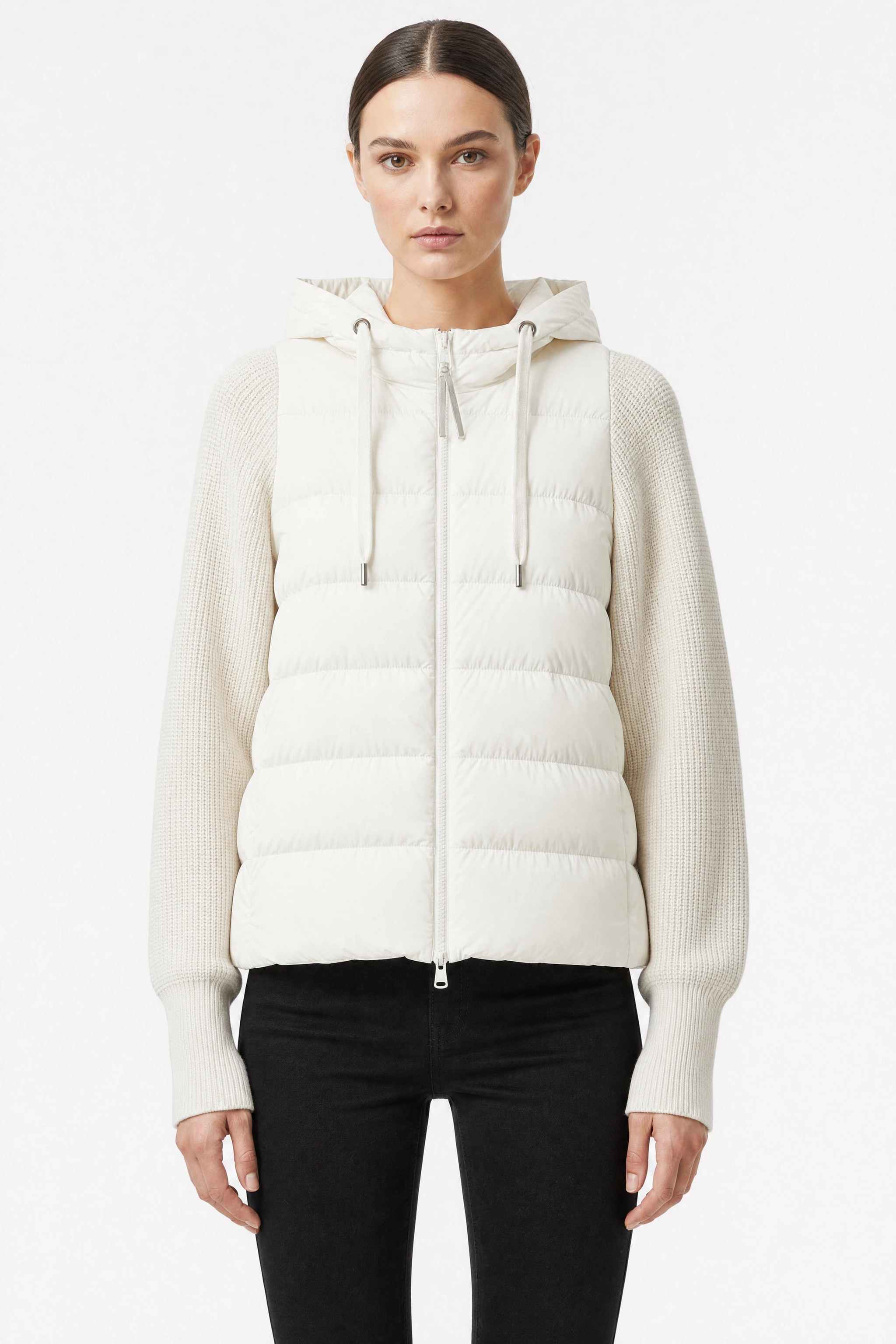 White bi-material down jacket with duck down and hood, upper detail