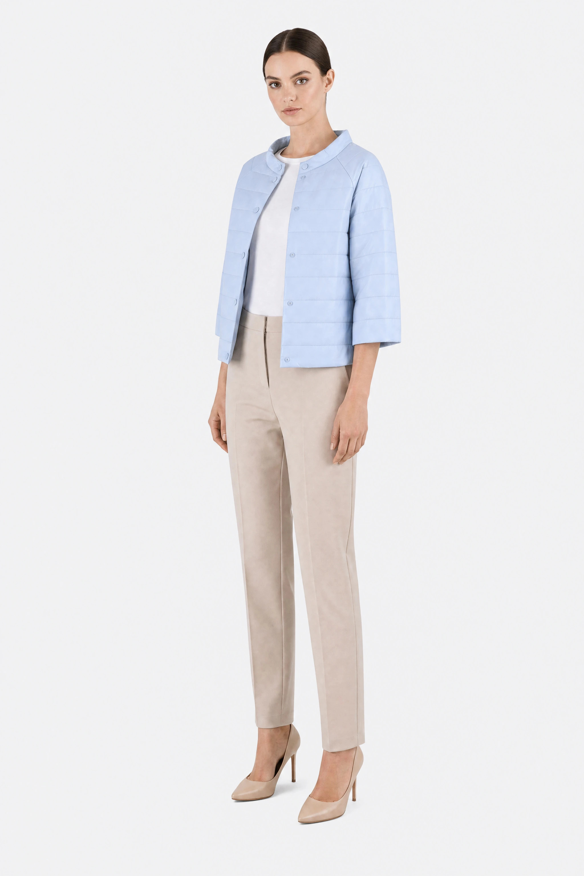 Light blue sky down jacket with 3/4 sleeves, three-quarter view